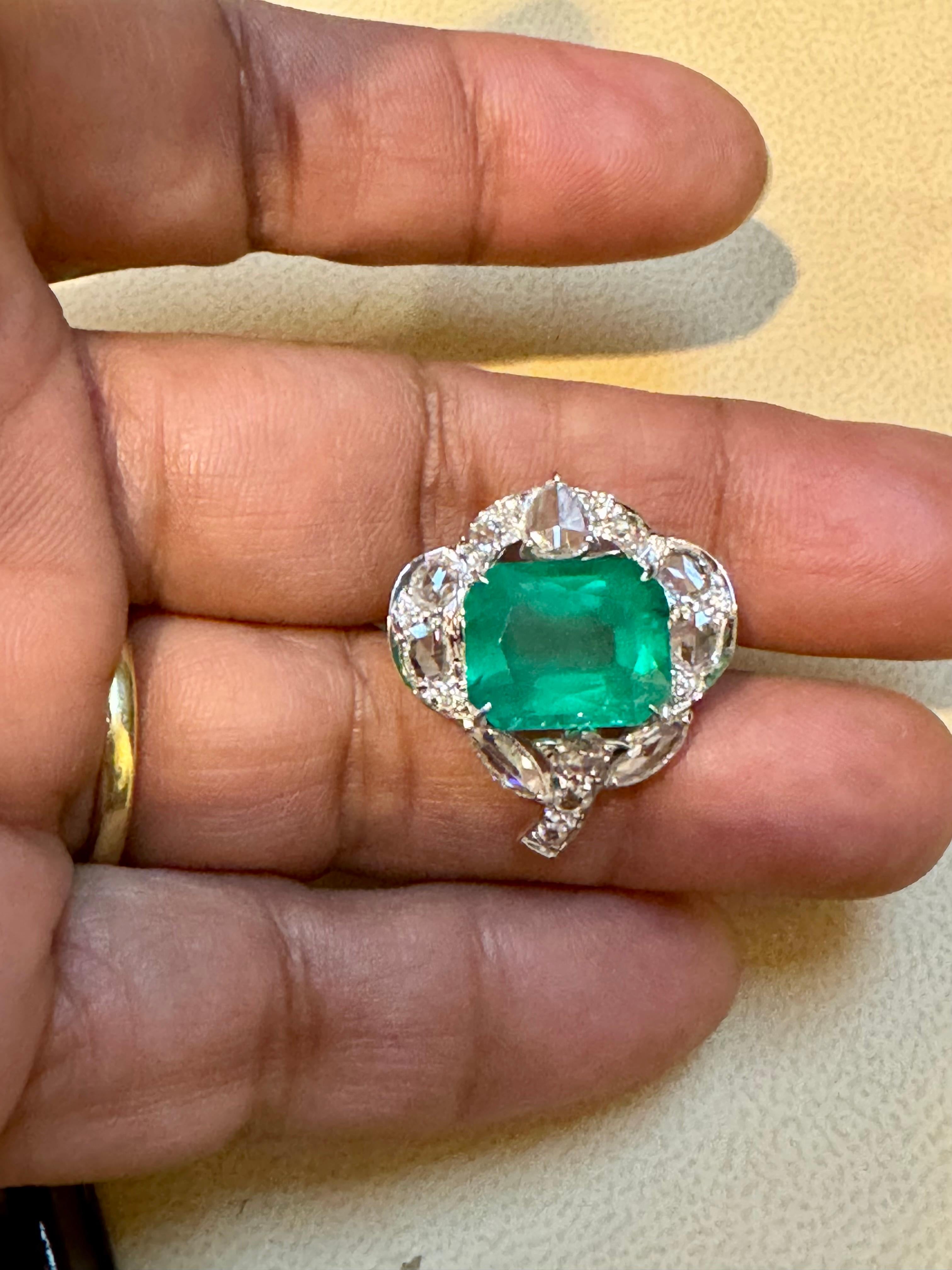 Women's 7 Ct Finest Zambian Emerald Cut Emerald & 1.5Ct Diamond Ring, 18 Kt Gold Size 9 For Sale