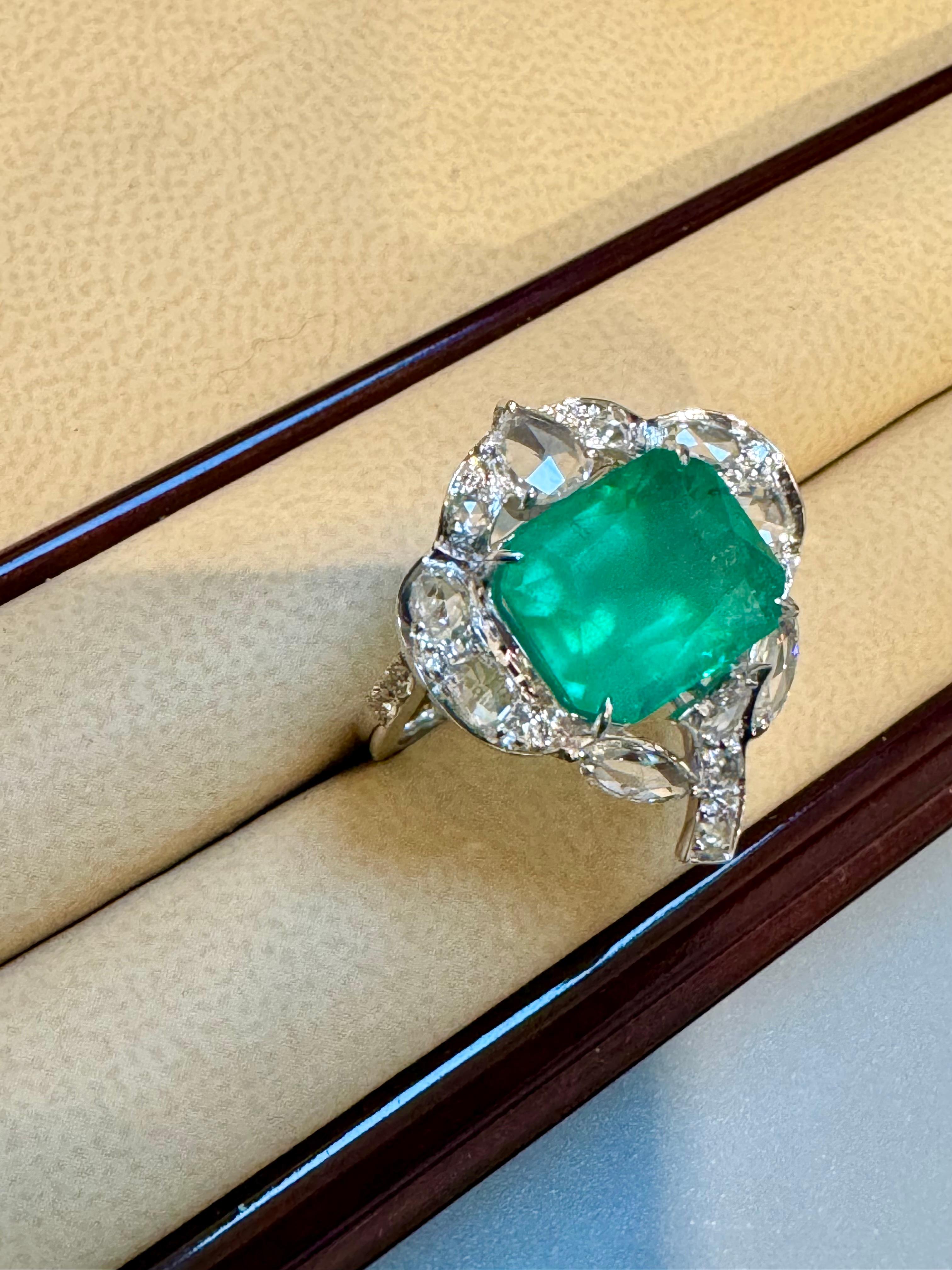 7 Ct Finest Zambian Emerald Cut Emerald & 1.5Ct Diamond Ring, 18 Kt Gold Size 9 For Sale 2