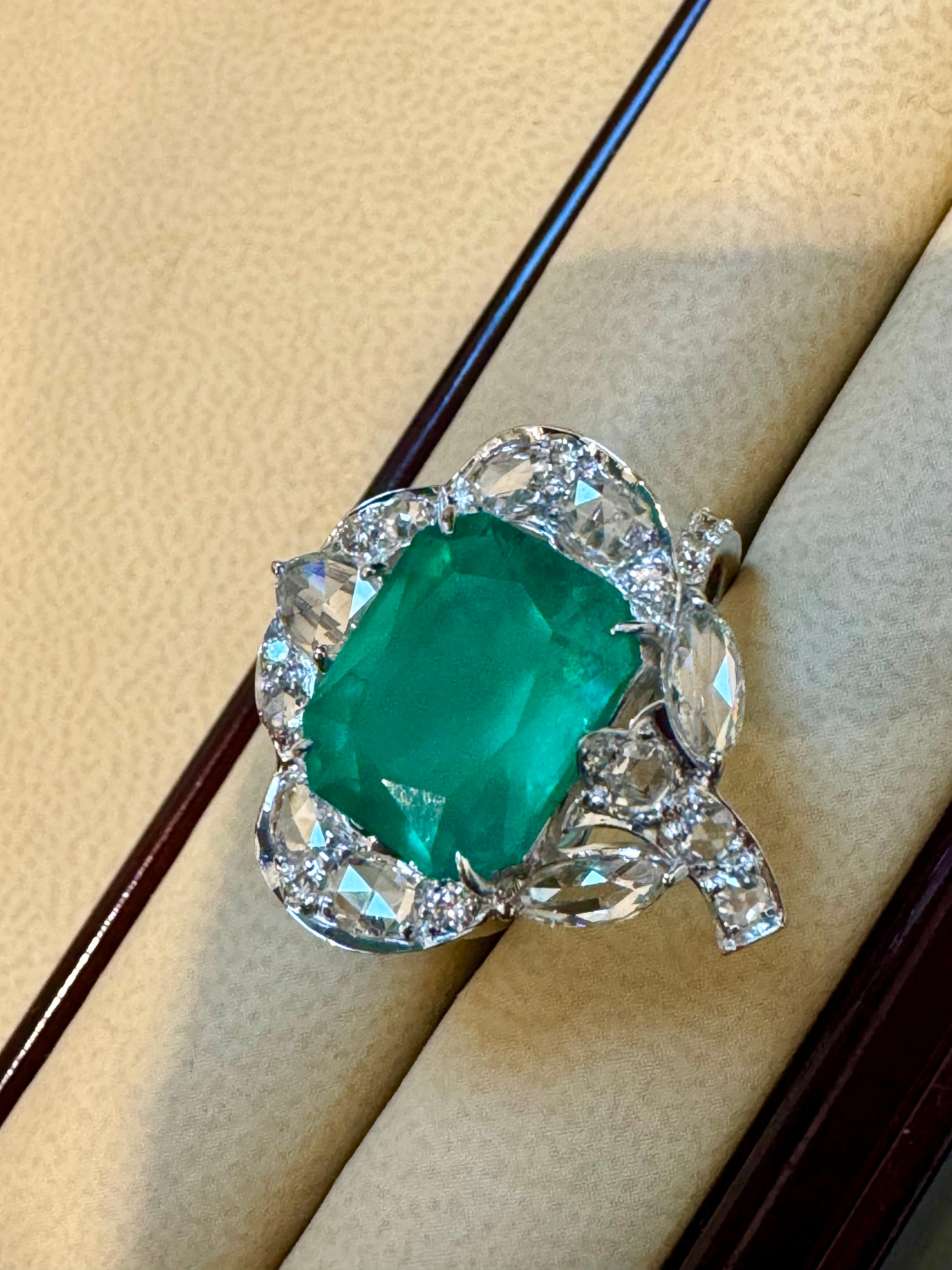 7 Ct Finest Zambian Emerald Cut Emerald & 1.5Ct Diamond Ring, 18 Kt Gold Size 9 For Sale 3
