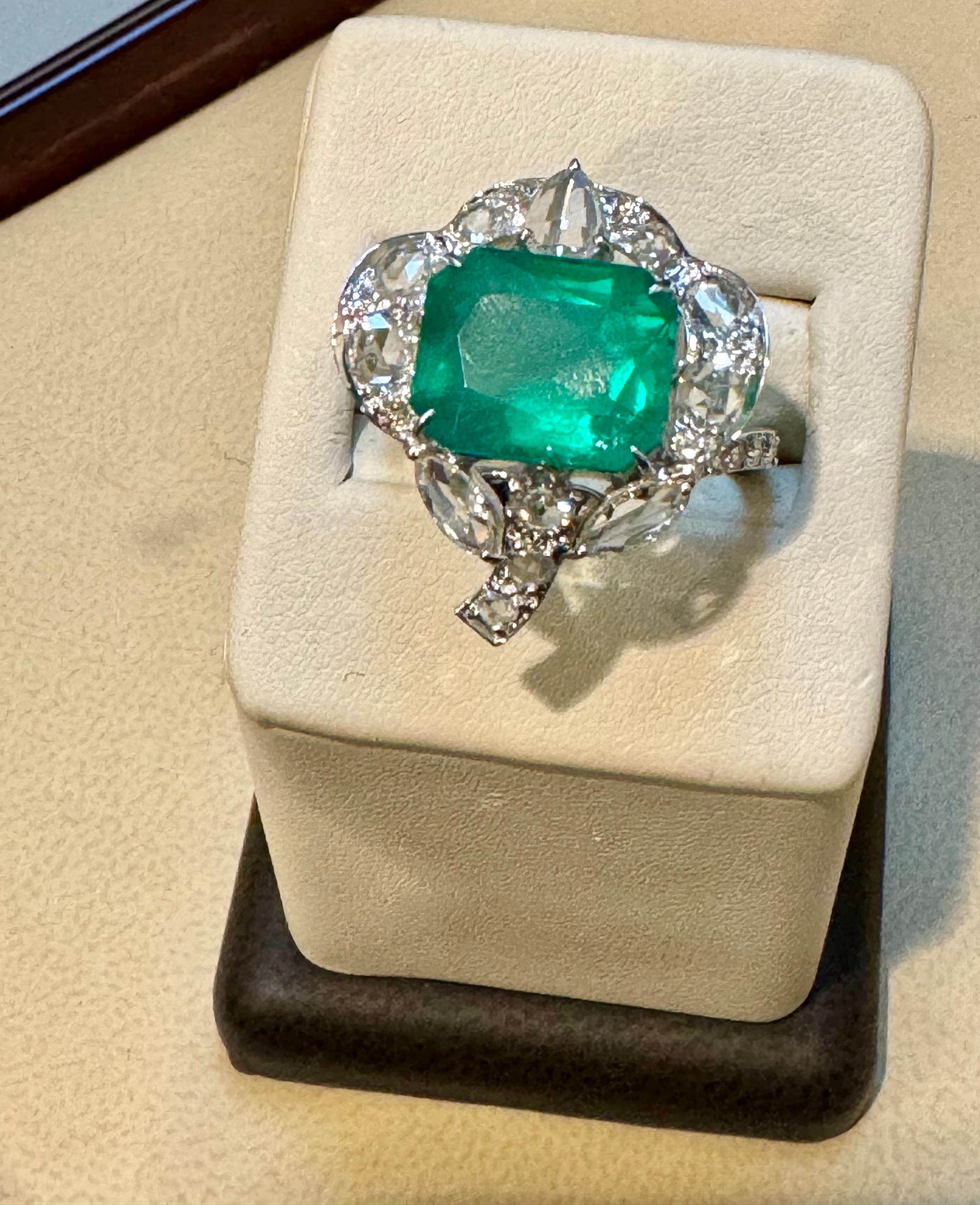 7 Ct Finest Zambian Emerald Cut Emerald & 1.5Ct Diamond Ring, 18 Kt Gold Size 9 For Sale 4