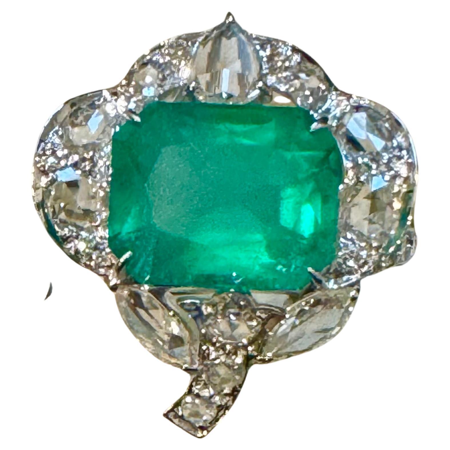 7 Ct Finest Zambian Emerald Cut Emerald & 1.5Ct Diamond Ring, 18 Kt Gold Size 9 For Sale