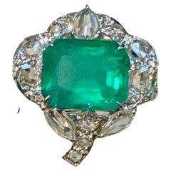 7 Ct Finest Zambian Emerald Cut Emerald & 1.5Ct Diamond Ring, 18 Kt Gold Size 9