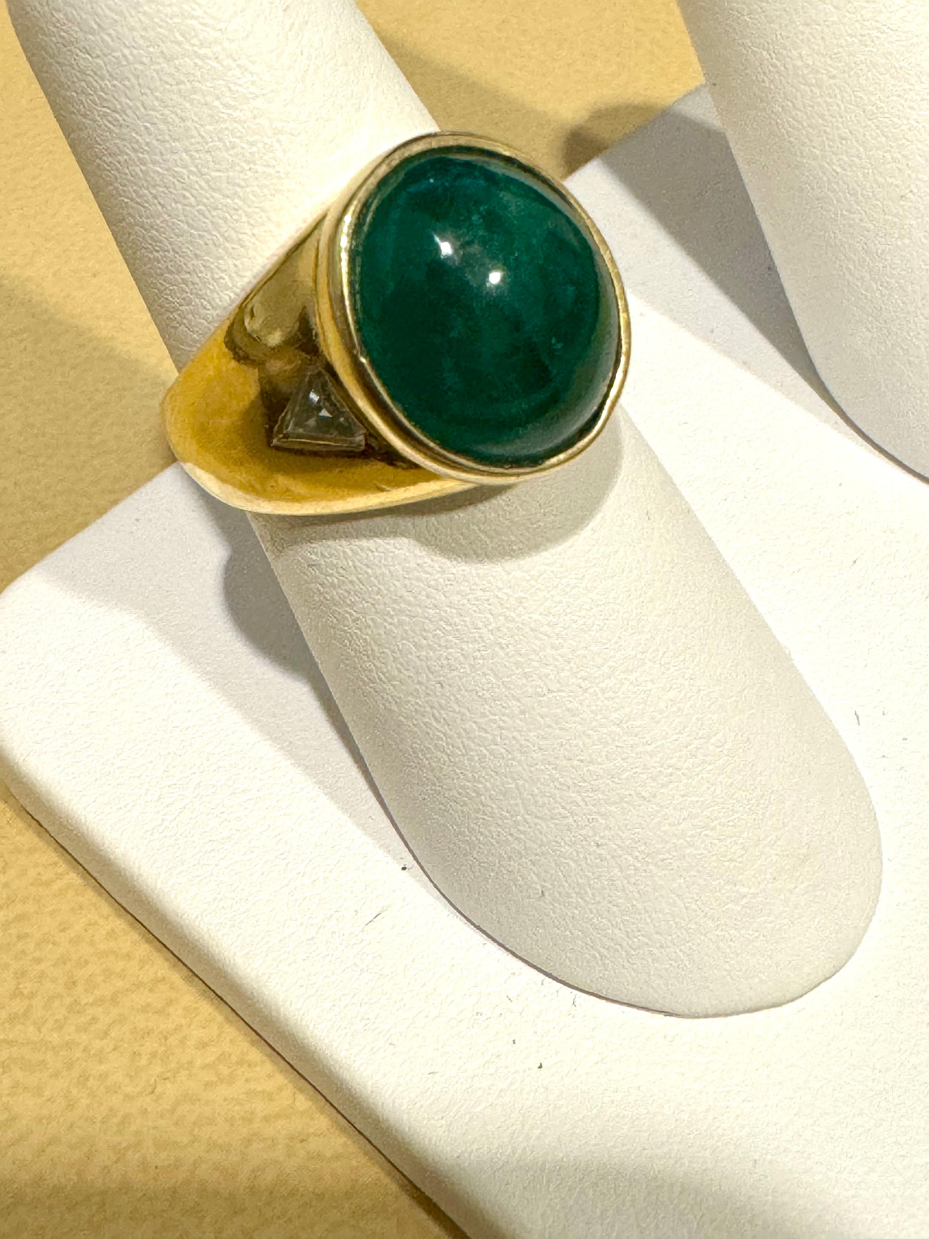 7 Ct Oval Emerald Cabochon 18 Kt Yellow Gold & Diamond Cocktail Ring Vintage Men 6