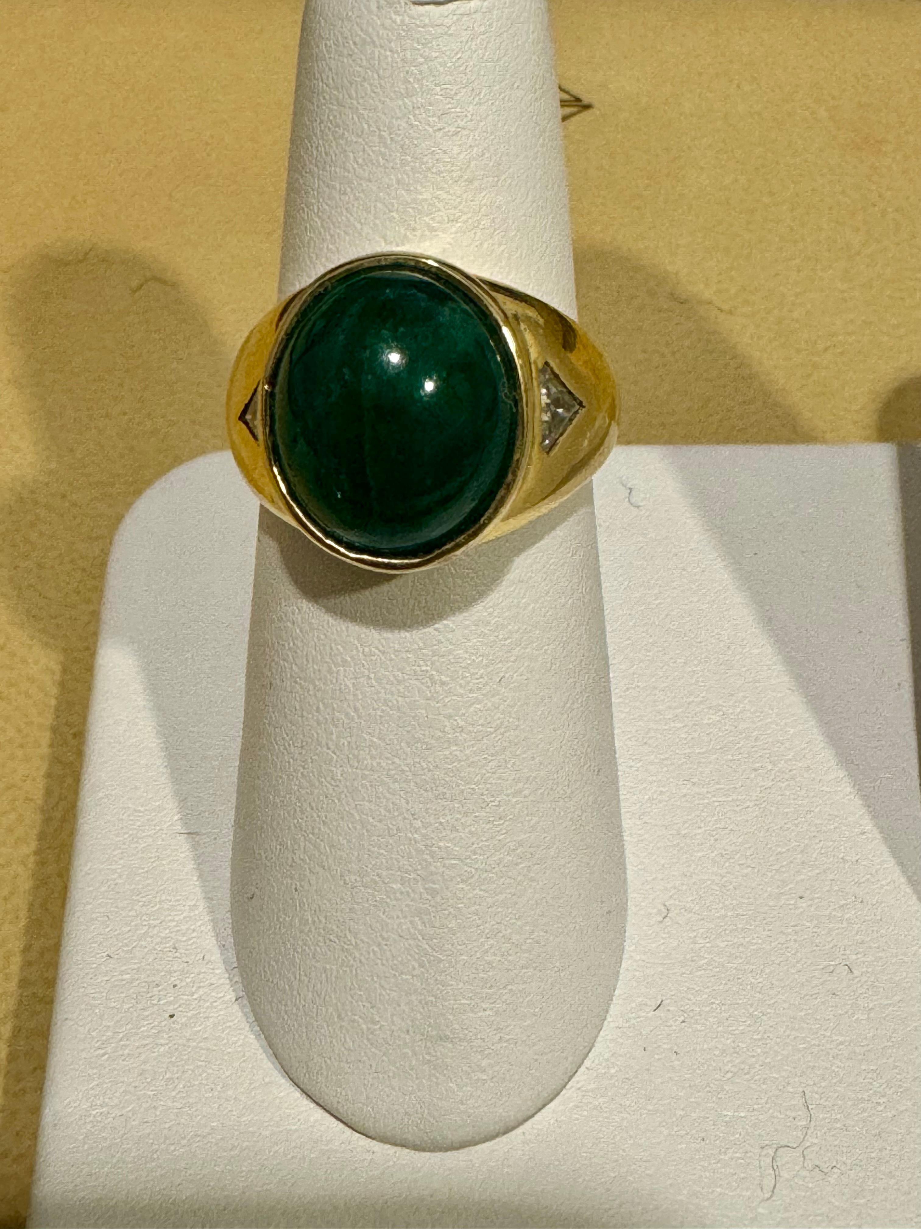 7 Ct Oval Emerald Cabochon 18 Kt Yellow Gold & Diamond Cocktail Ring Vintage Men 7