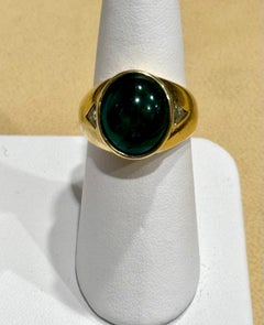7 Ct Oval Emerald Cabochon 18 Kt Yellow Gold & Diamond Cocktail Ring Vintage Men
