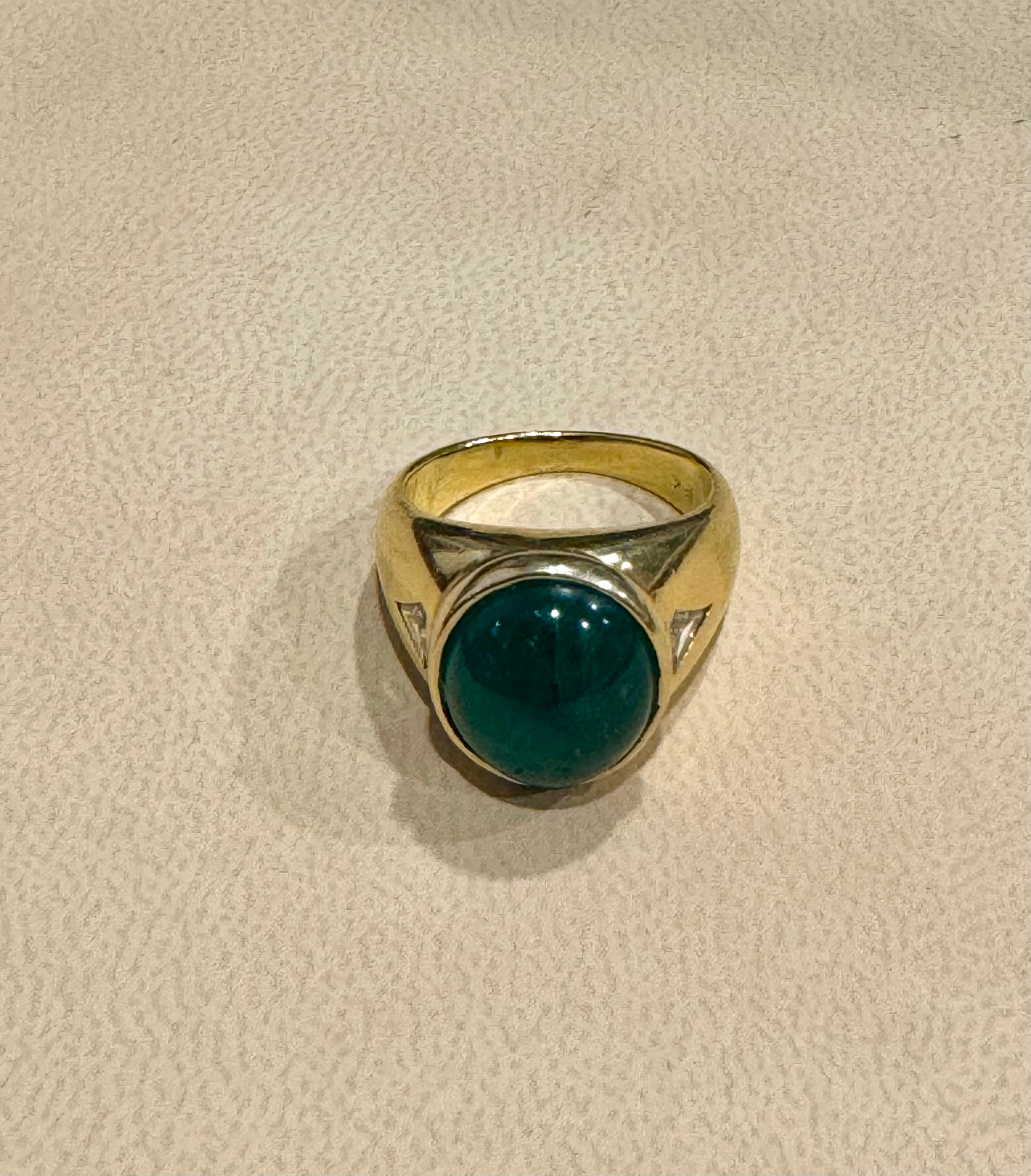 Women's or Men's 7 Ct Oval Emerald Cabochon 18 Kt Yellow Gold & Diamond Cocktail Ring Vintage Men