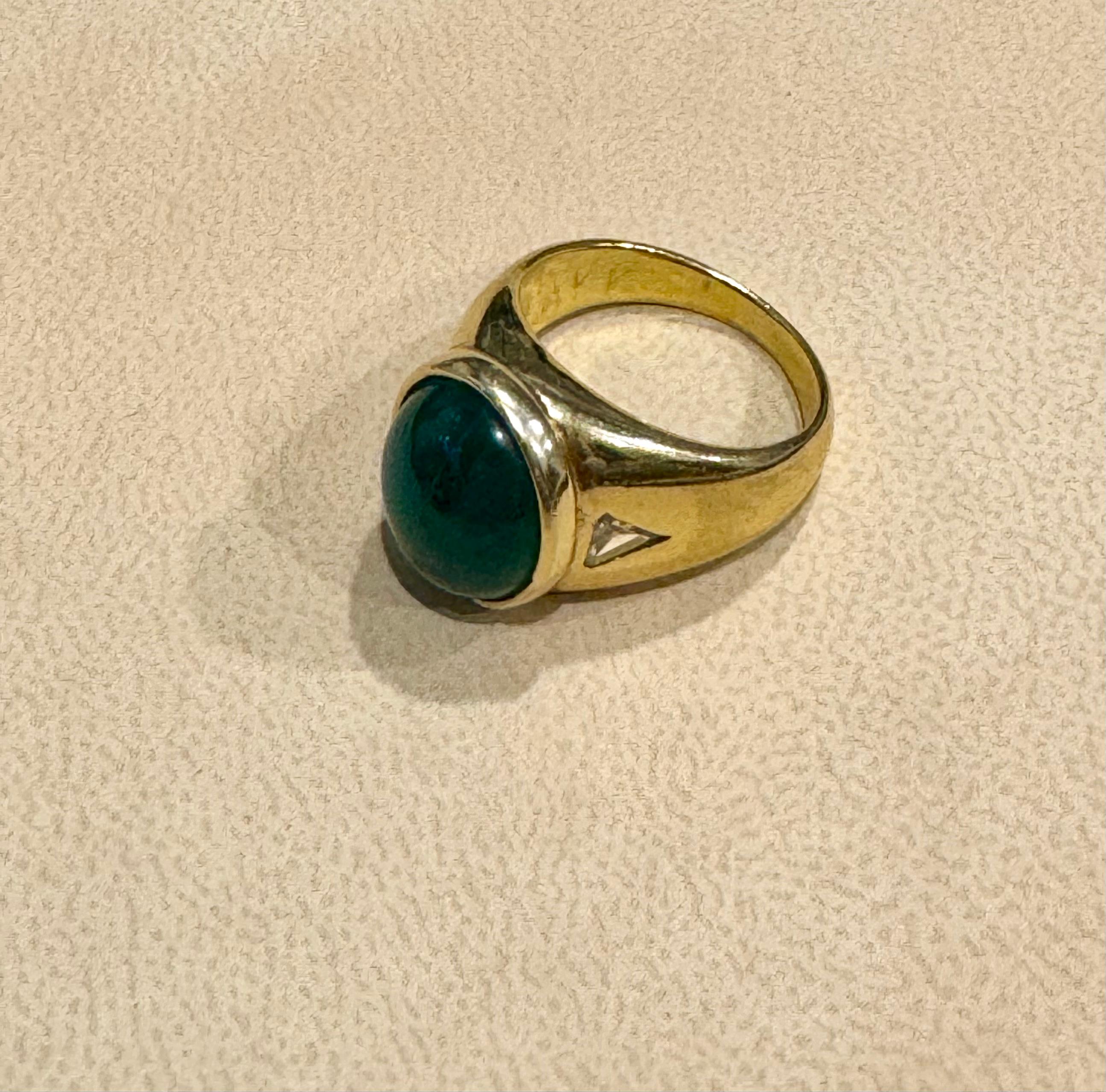 7 Ct Oval Emerald Cabochon 18 Kt Yellow Gold & Diamond Cocktail Ring Vintage Men 2
