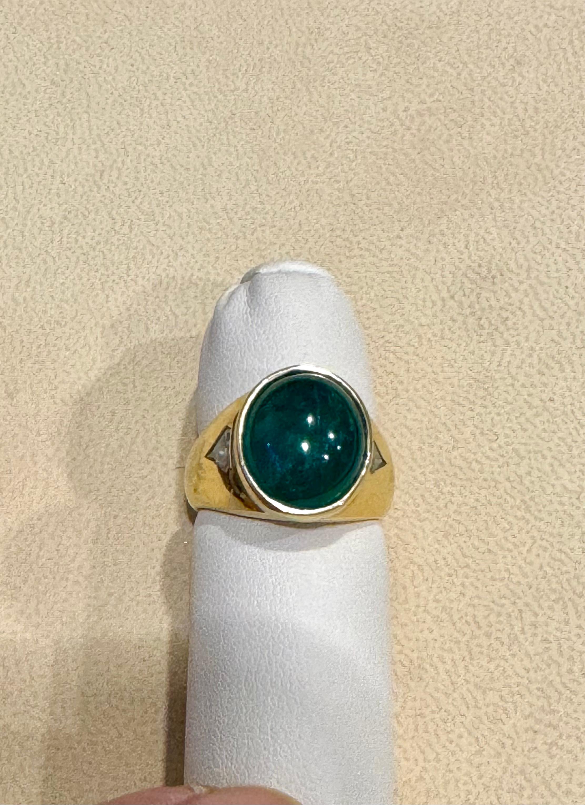 7 Ct Oval Emerald Cabochon 18 Kt Yellow Gold & Diamond Cocktail Ring Vintage Men 3