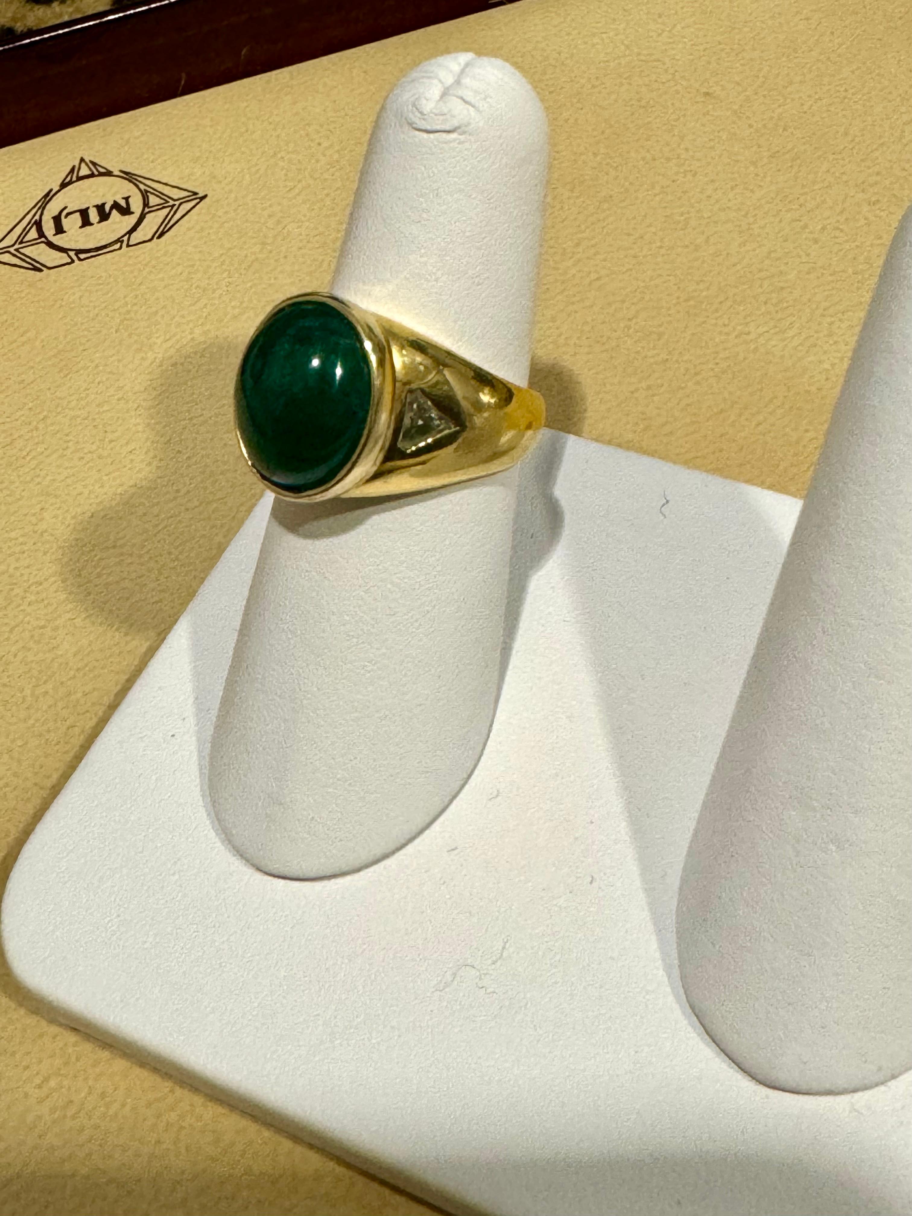 7 Ct Oval Emerald Cabochon 18 Kt Yellow Gold & Diamond Cocktail Ring Vintage Men 5