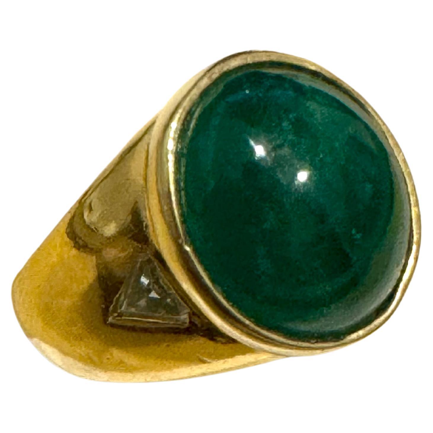 7 Ct Oval Emerald Cabochon 18 Kt Yellow Gold & Diamond Cocktail Ring Vintage Men