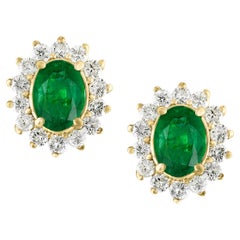 7 Ct Oval Shape Emerald & 1.5 Ct Diamond Post Back Earrings 14 Karat Yellow Gold