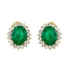 7 Ct Oval Shape Emerald & 1.5 Ct Diamond Post Back Earrings 14 Karat Yellow Gold