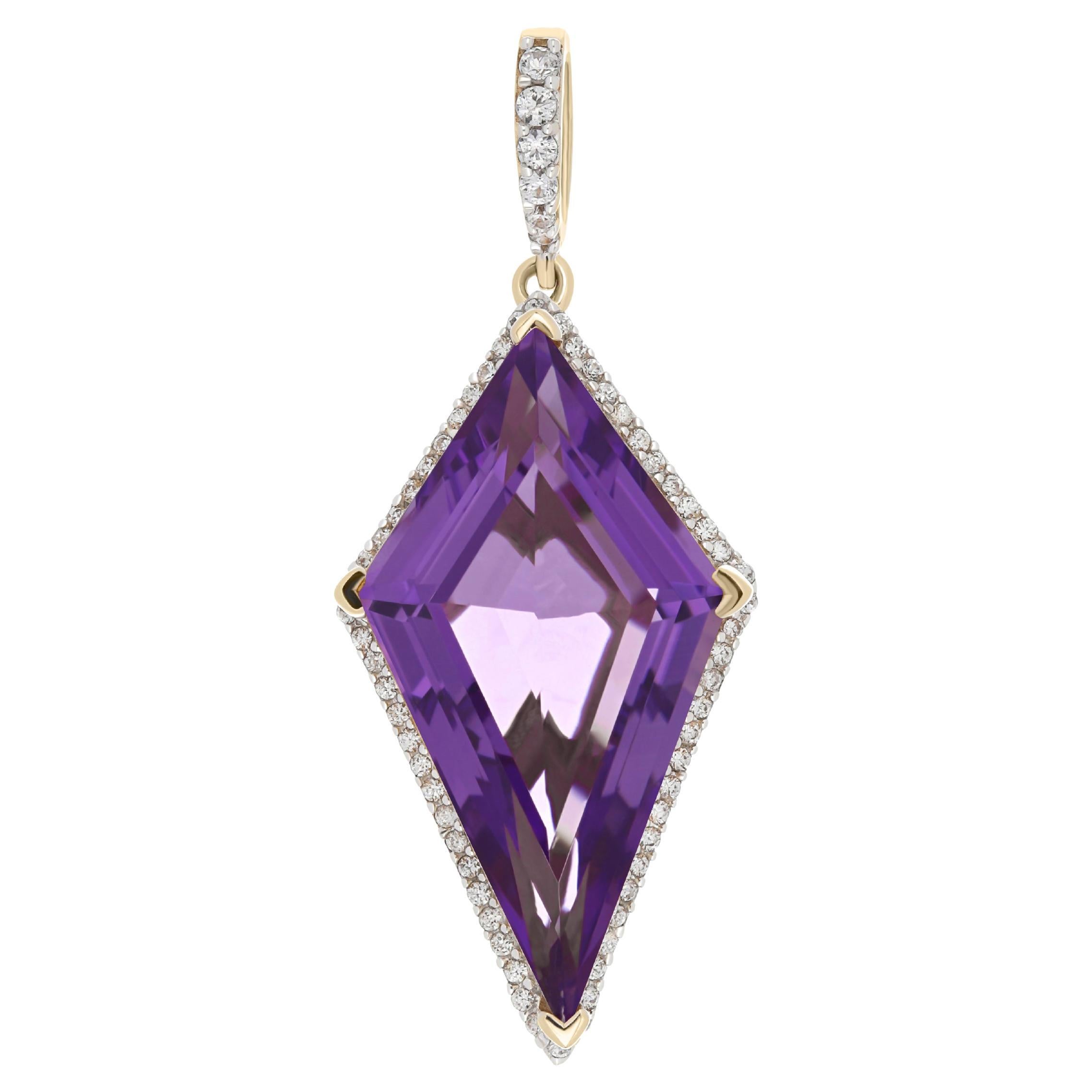 14K Yellow Gold Jewelry, Amethyst & White Sapphire Studded Pendant Wedding Wear For Sale