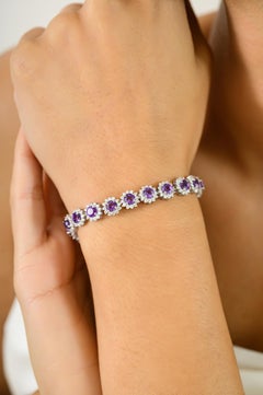 7 CTW Purple Amethyst Birthflower Designer Bracelet In 925 Sterling Silver
