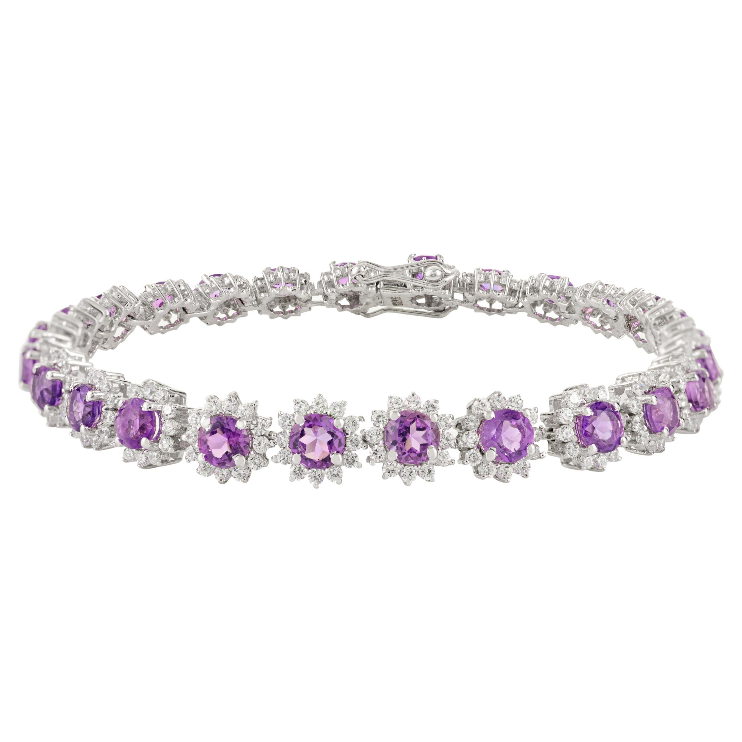7 CTW Purple Amethyst Birthflower Designer Bracelet In 925 Sterling Silver For Sale