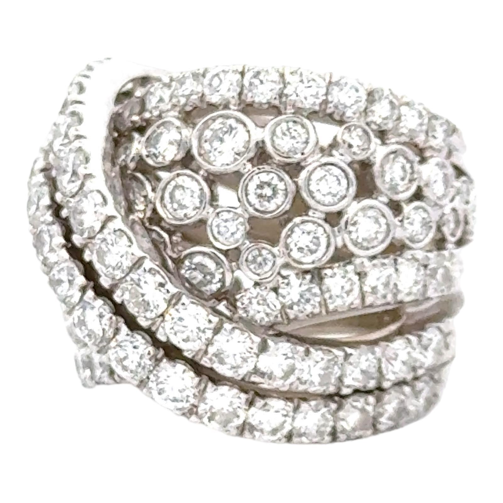 Round Cut 7 CTW Round Brilliant Cut Diamond Crossover 18 Karat White Gold Wide Band Ring For Sale