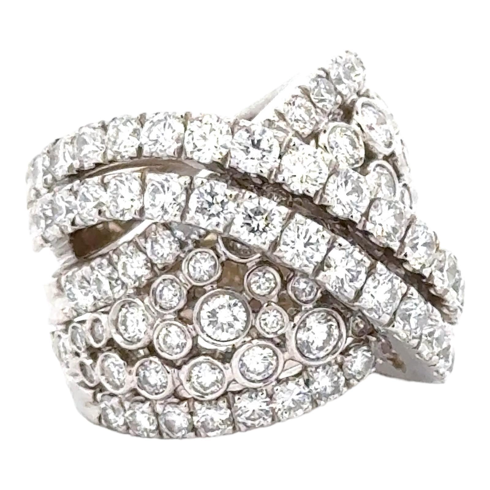 7 CTW Round Brilliant Cut Diamond Crossover 18 Karat White Gold Wide Band Ring In Excellent Condition For Sale In Boca Raton, FL