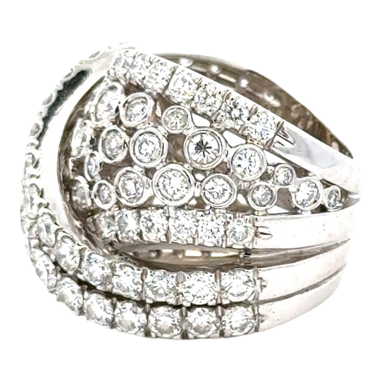 Women's 7 CTW Round Brilliant Cut Diamond Crossover 18 Karat White Gold Wide Band Ring For Sale