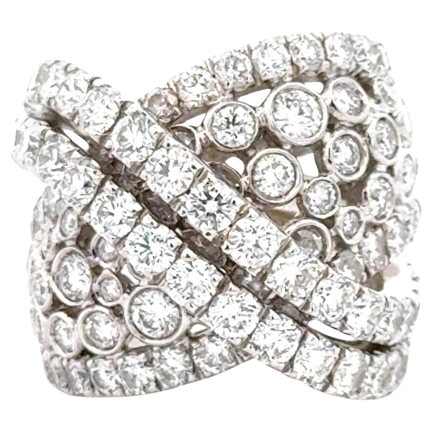 7 CTW Round Brilliant Cut Diamond Crossover 18 Karat White Gold Wide Band Ring For Sale