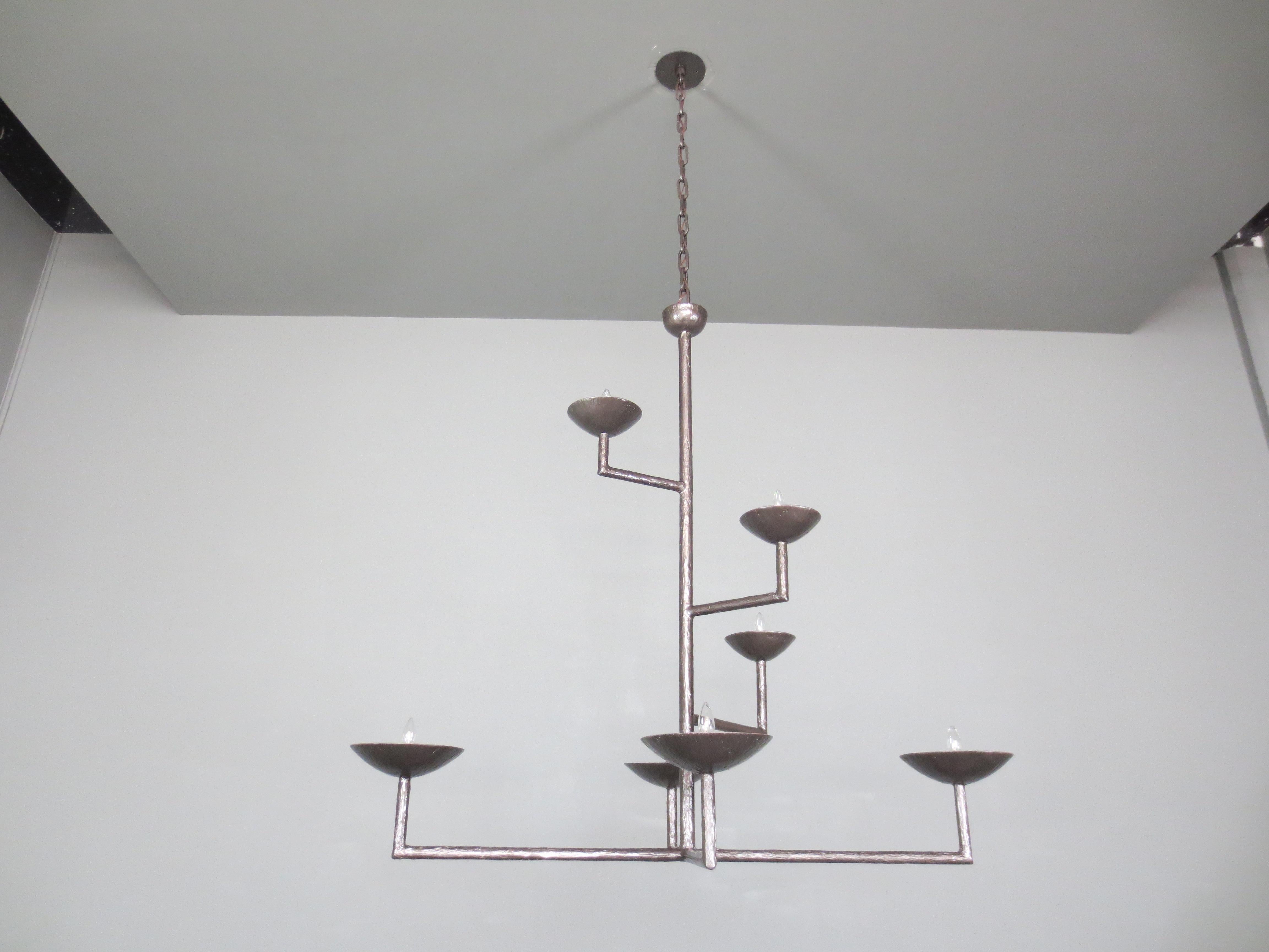 Contemporary 7 Cup Plaster Chandelier Bronze Finish with Half Cup and Chain For Sale