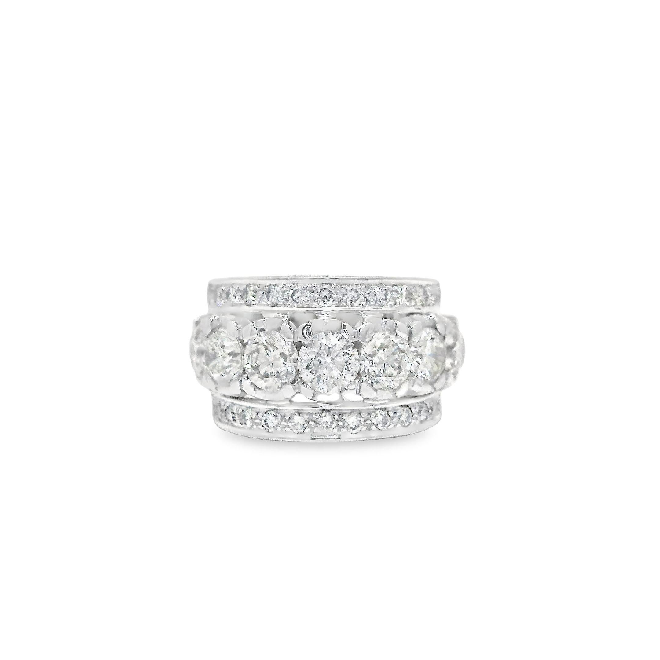 Contemporary 7 Diamonds Sandwiched by 2-Row Diamond Ring For Sale
