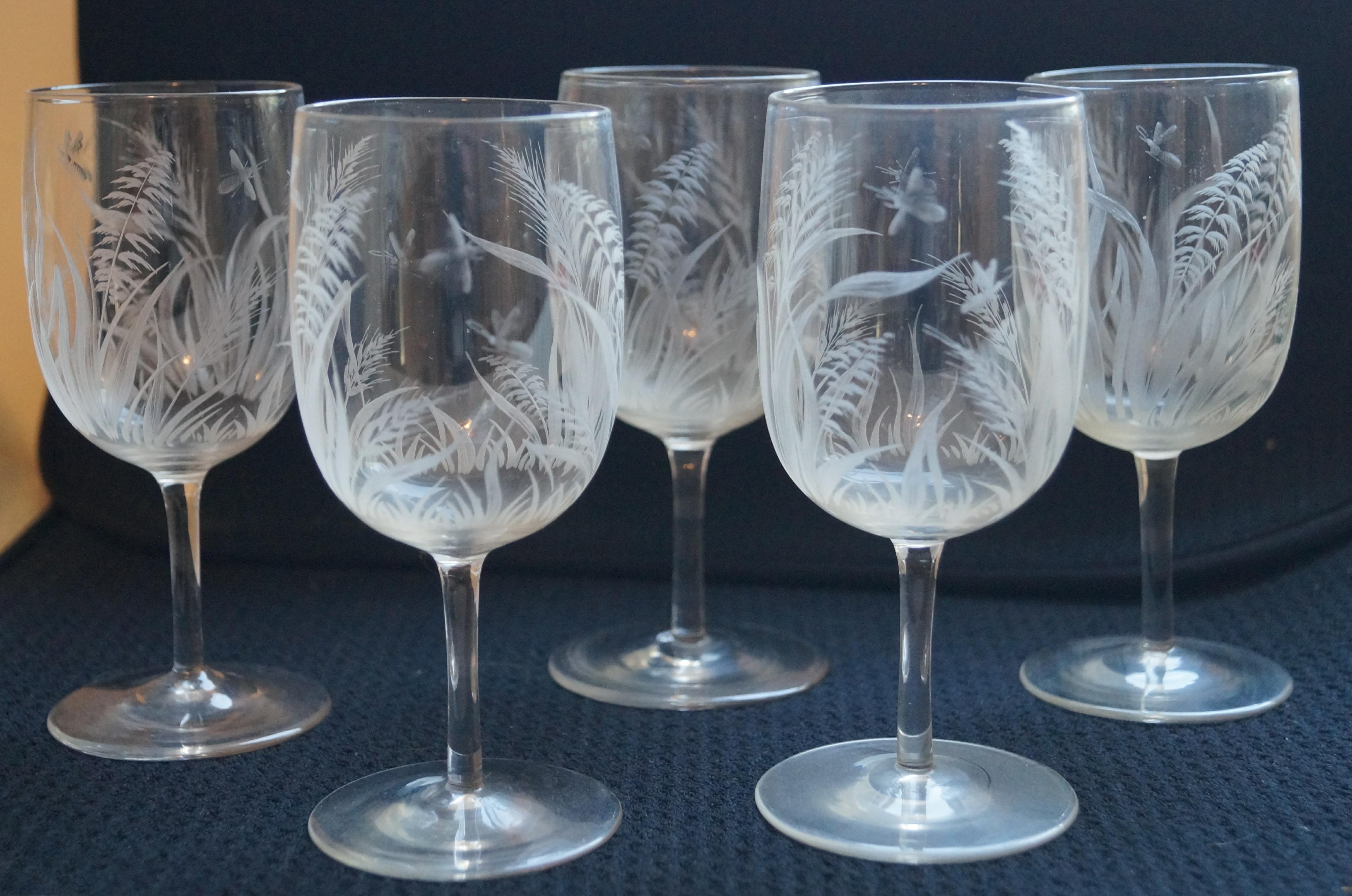Romantic 7 Elegant Boston Sandwich Glass  Bee & Wheat Stemware glasses Late 1800's For Sale