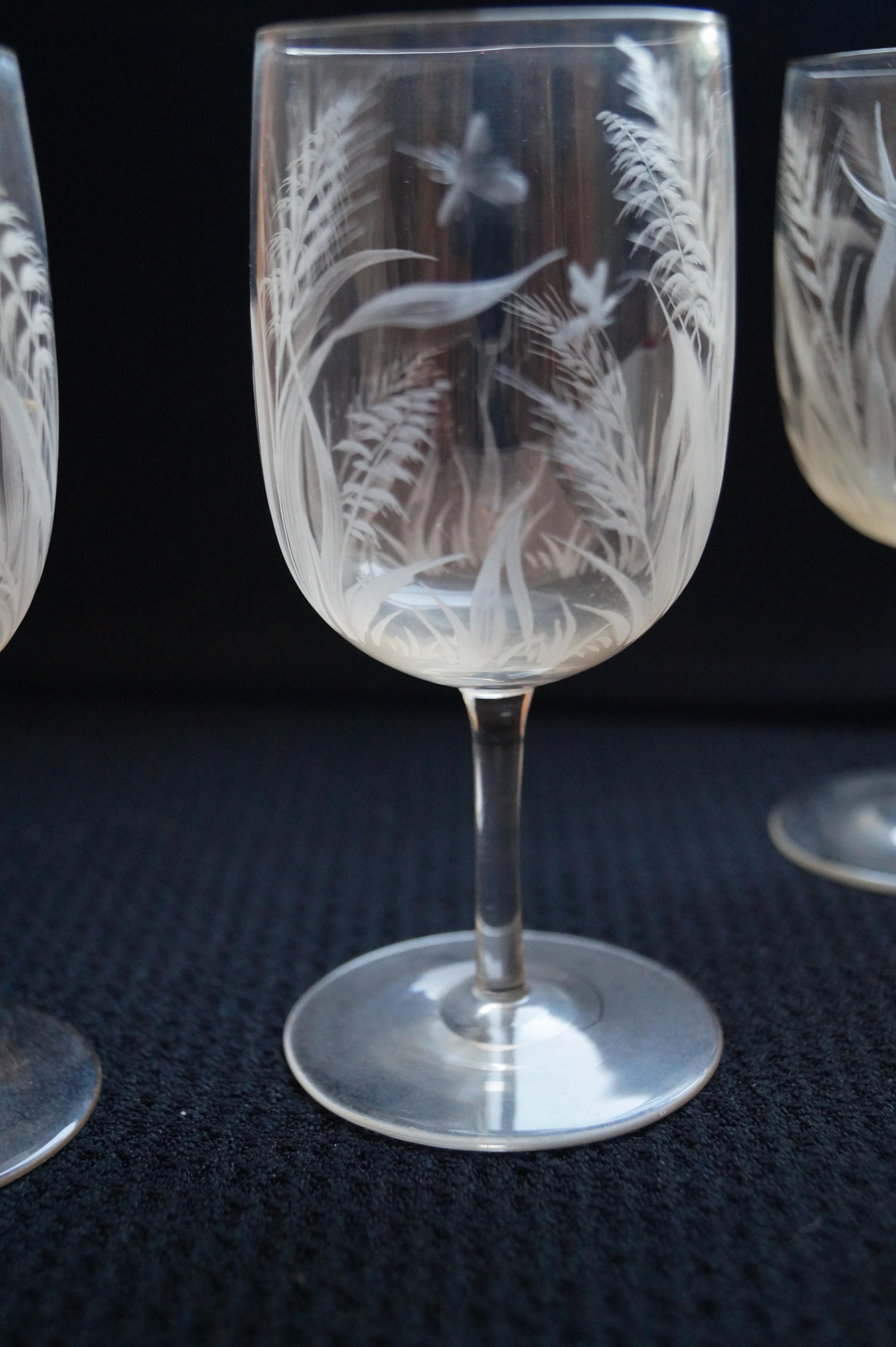 Engraved 7 Elegant Boston Sandwich Glass  Bee & Wheat Stemware glasses Late 1800's For Sale