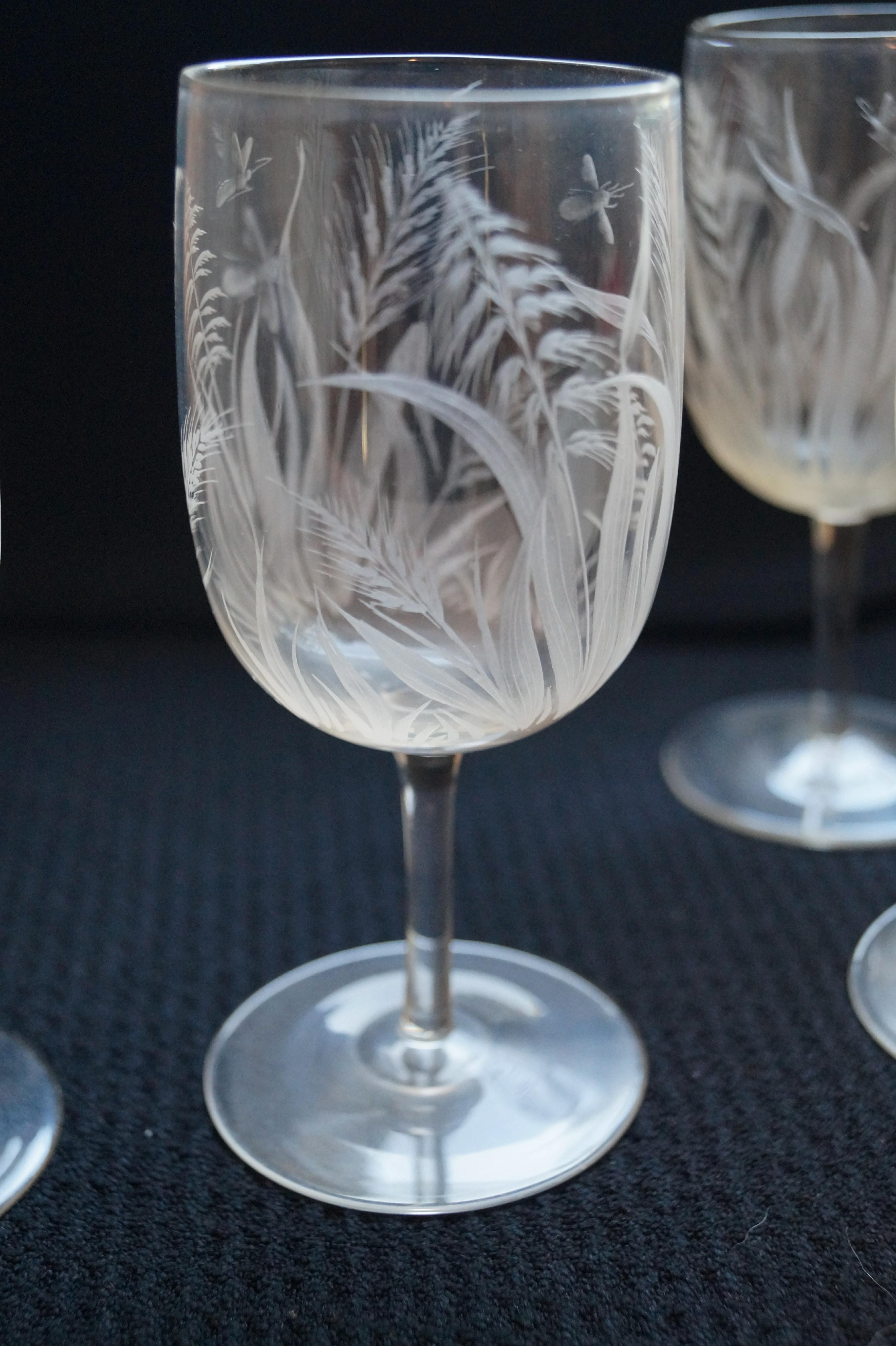 Late 19th Century 7 Elegant Boston Sandwich Glass  Bee & Wheat Stemware glasses Late 1800's For Sale