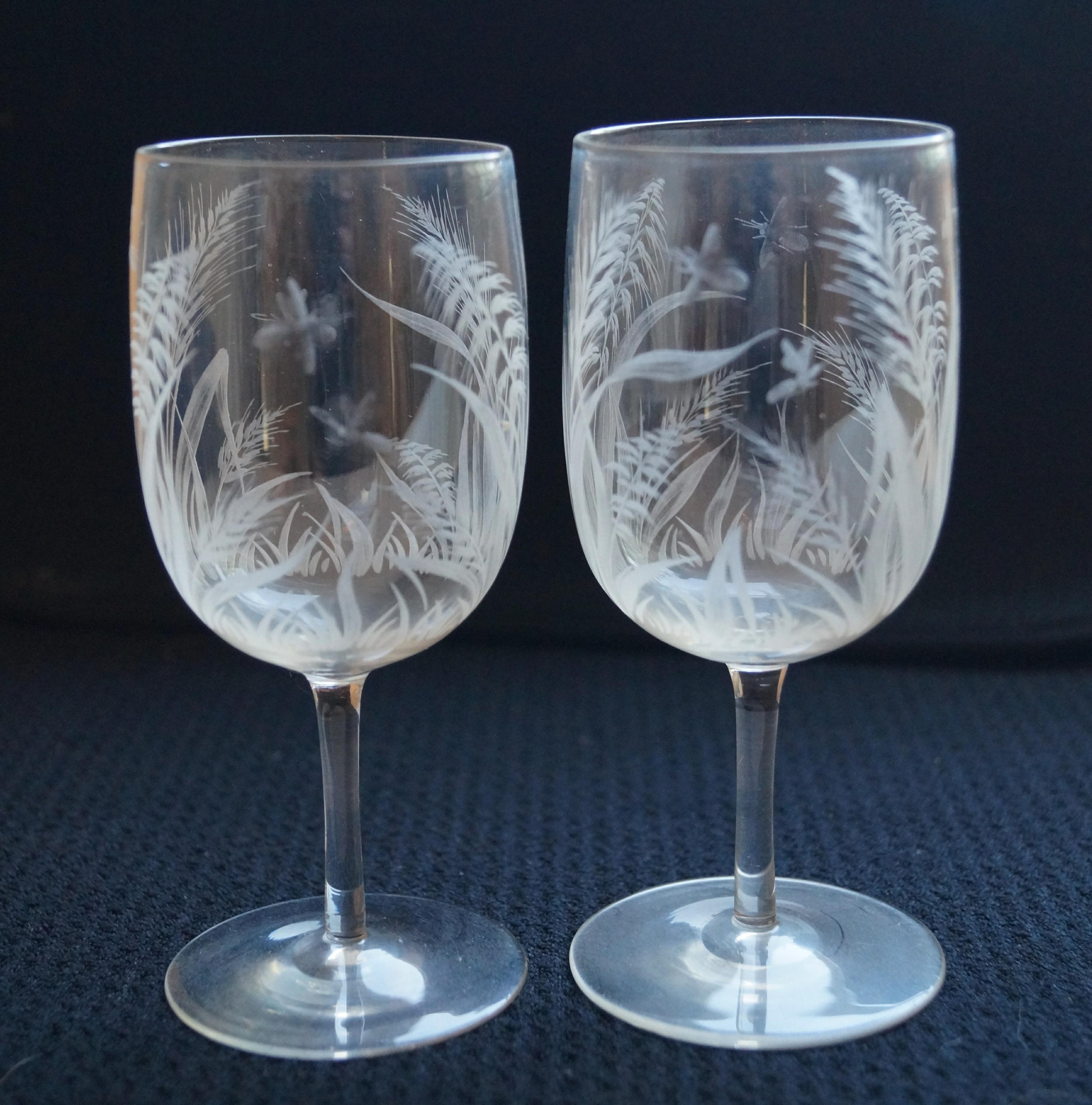 Blown Glass 7 Elegant Boston Sandwich Glass  Bee & Wheat Stemware glasses Late 1800's For Sale