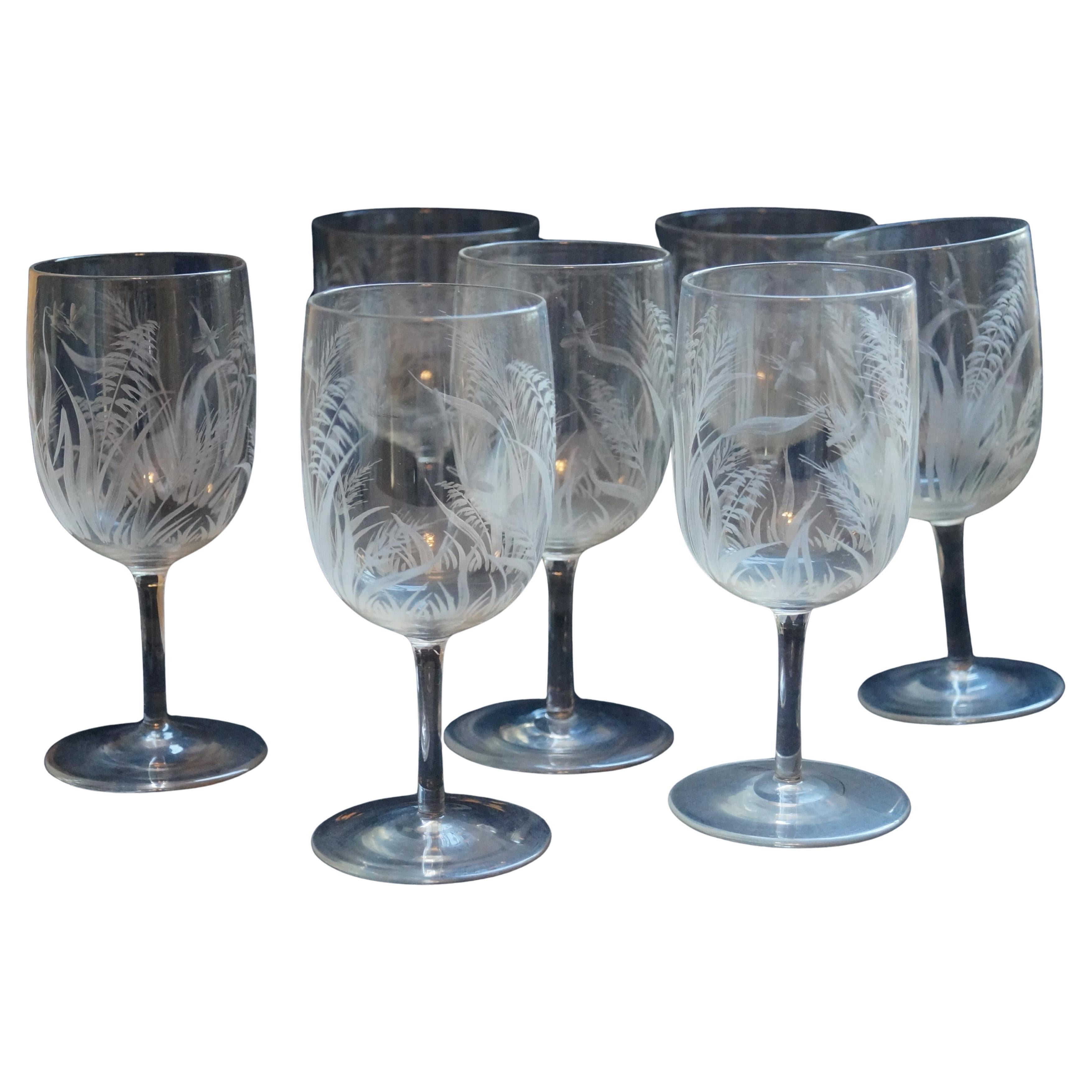 7 Elegant Boston Sandwich Glass  Bee & Wheat Stemware glasses Late 1800's For Sale