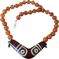 7 Eye Ancient Dzi Bead Collar Necklace W Carnelian Beads, Silver Clasp, 18.5"