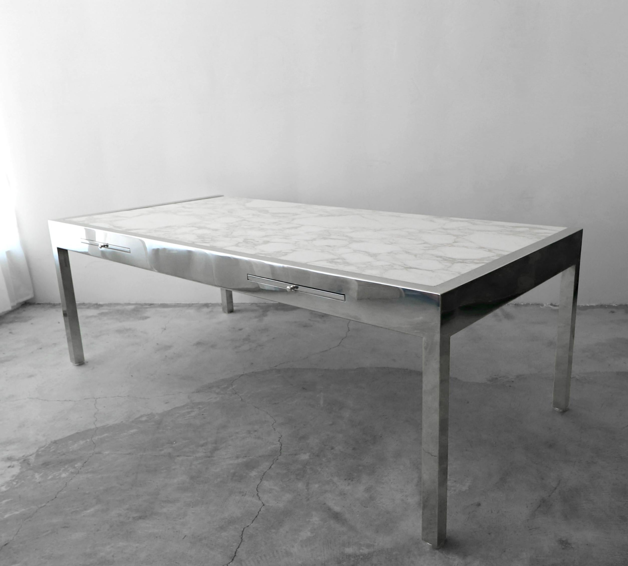 Massive 7 foot modernist desk by Leon Rosen for Pace. I have never seen this combination of finishes on this desk before. Purchased from the original owner, a local Las Vegas Real Estate Developer, he said he custom ordered it in the 1970s.

This