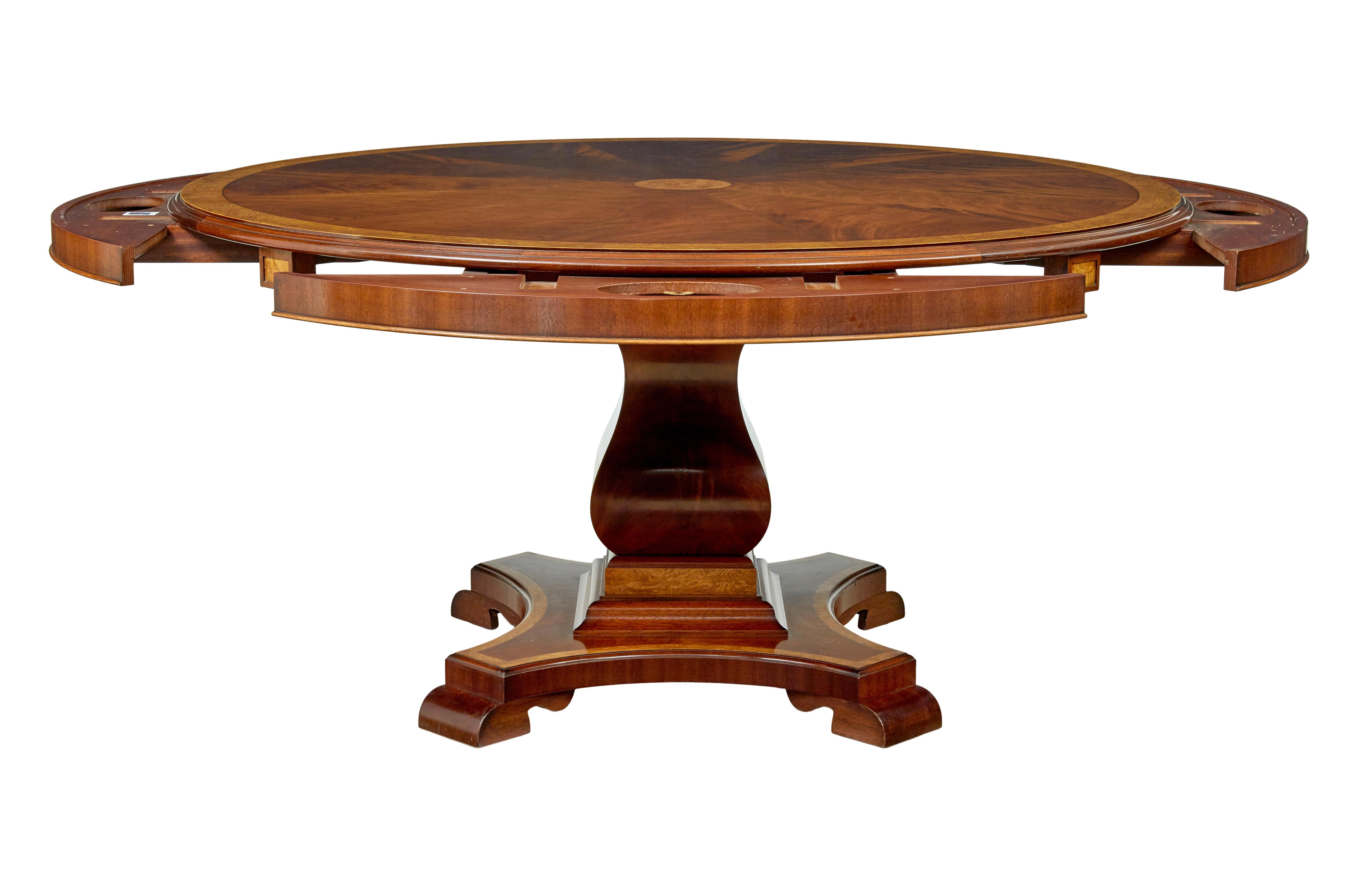 Regency 7 foot round inlaid jupe extending dining table For Sale