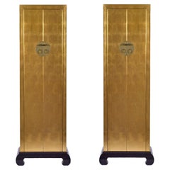 7-Foot Tall Hollywood Regency Gold Foil James Mont Style Armoire Cabinet