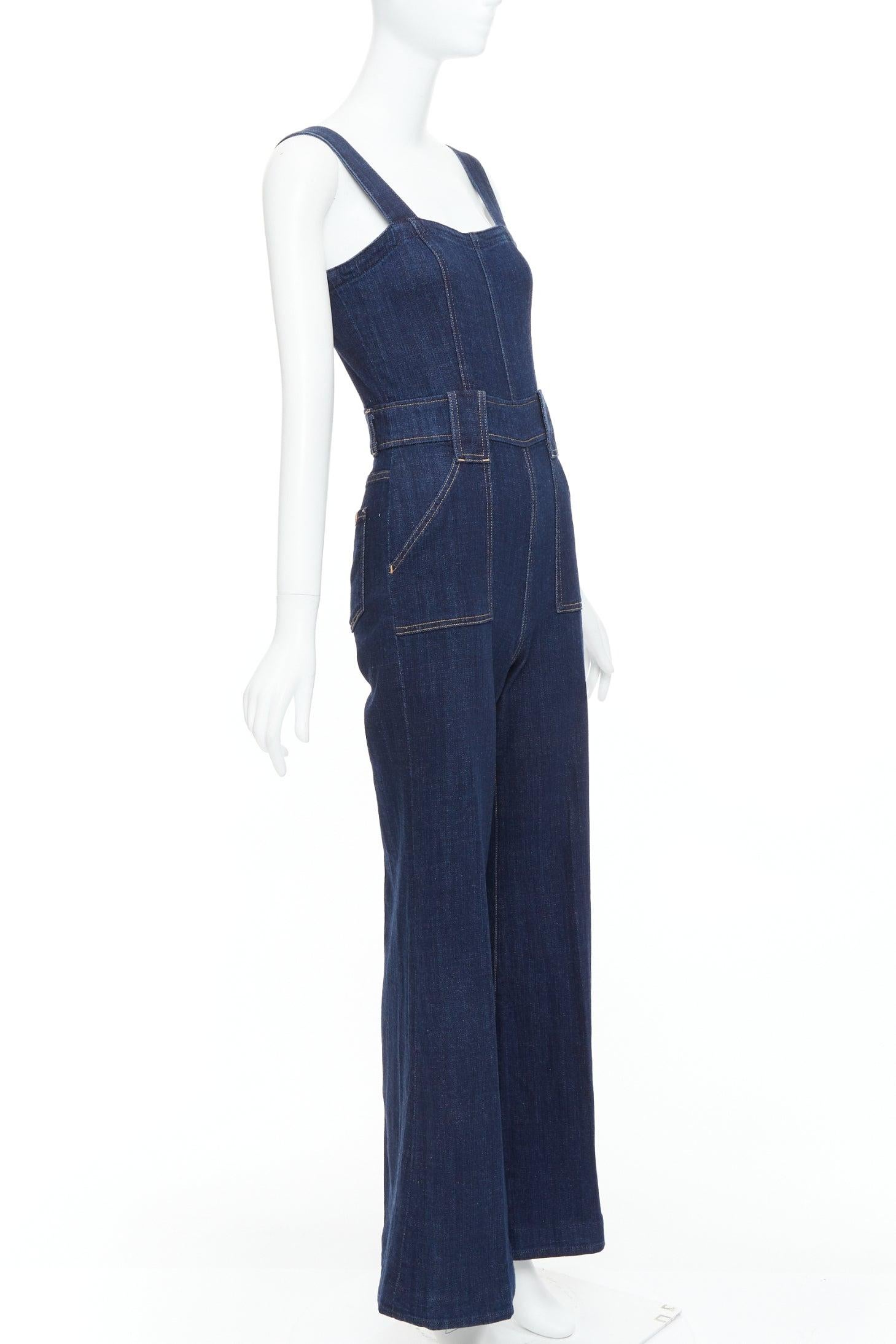 Blue 7 FOR ALL MANKIND indigo blue denim wide flare dungaree jumpsuit XS For Sale