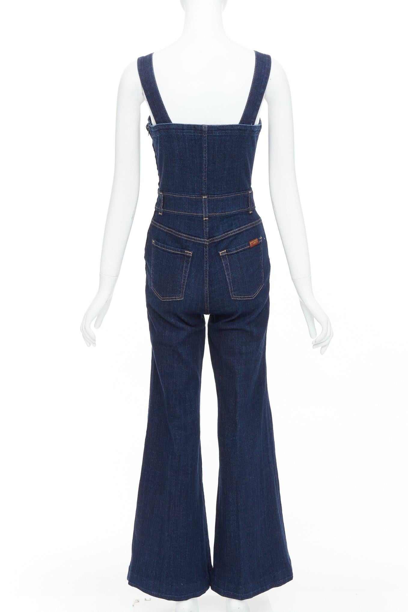 Women's 7 FOR ALL MANKIND indigo blue denim wide flare dungaree jumpsuit XS For Sale