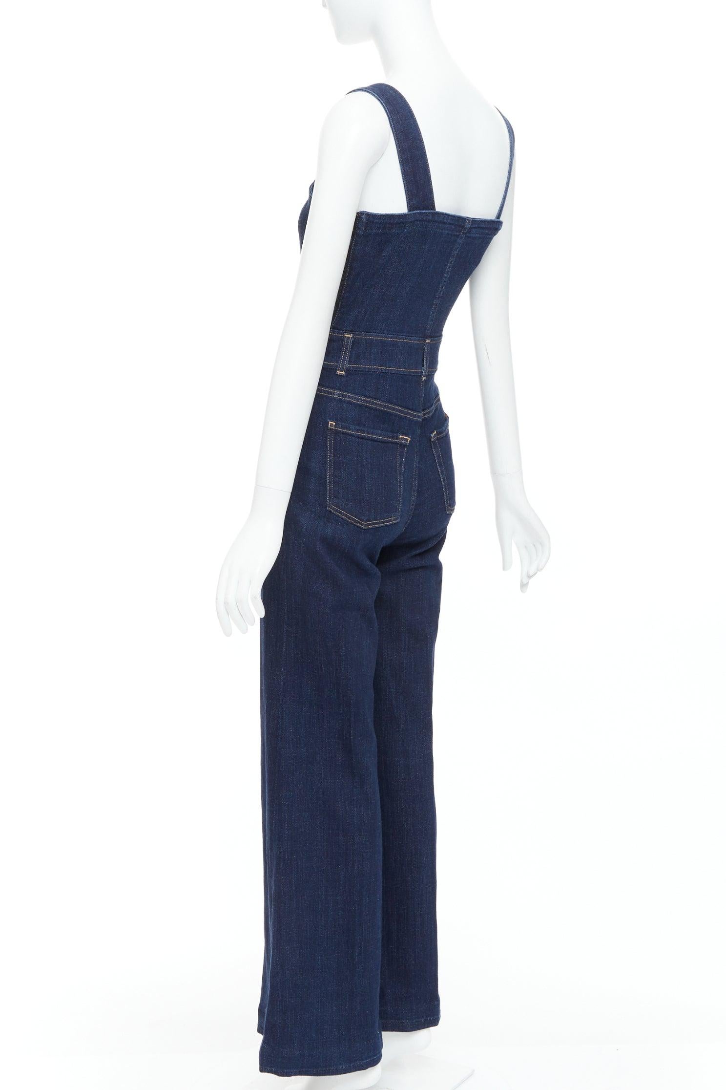7 FOR ALL MANKIND indigo blue denim wide flare dungaree jumpsuit XS For Sale 1