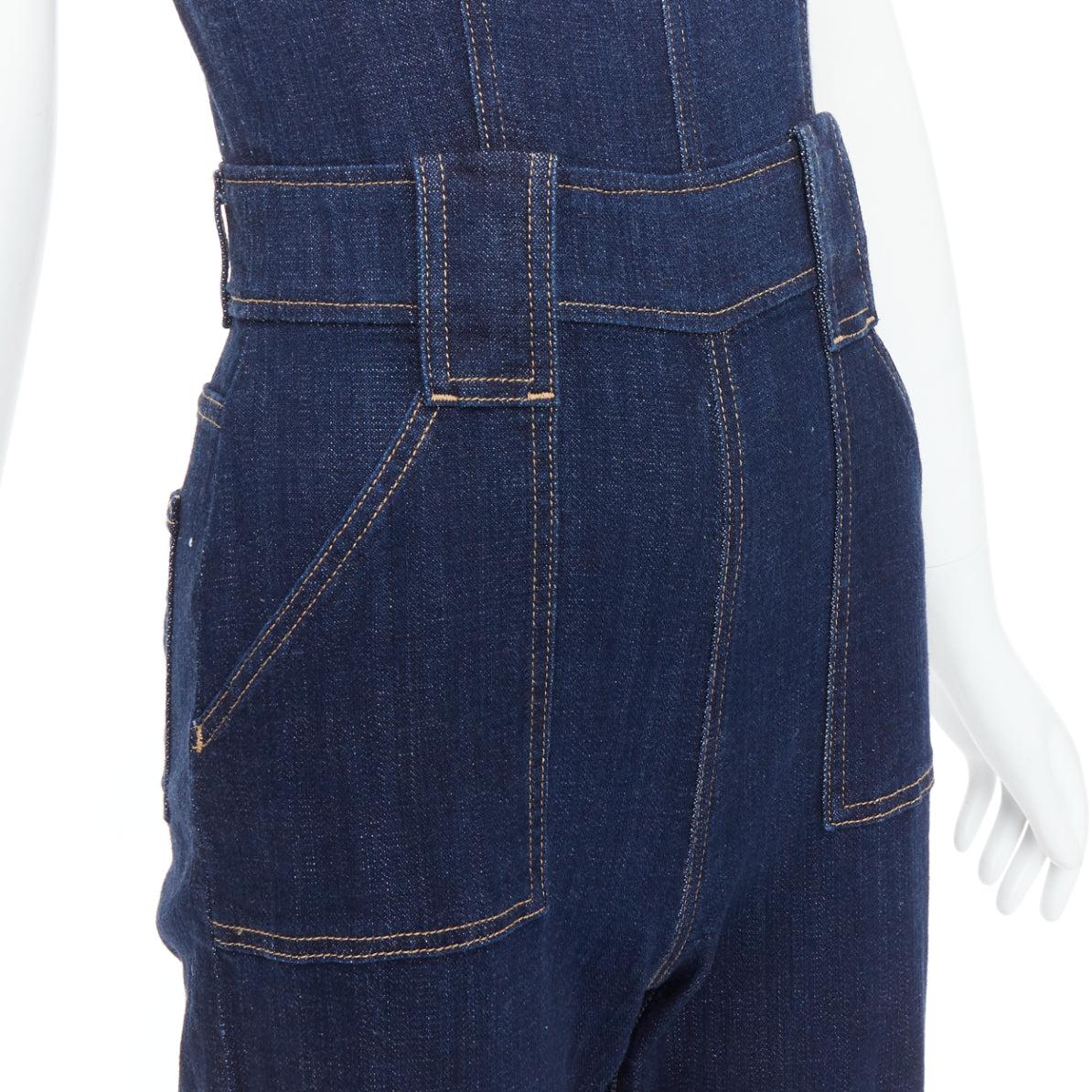 7 FOR ALL MANKIND indigo blue denim wide flare dungaree jumpsuit XS For Sale 2