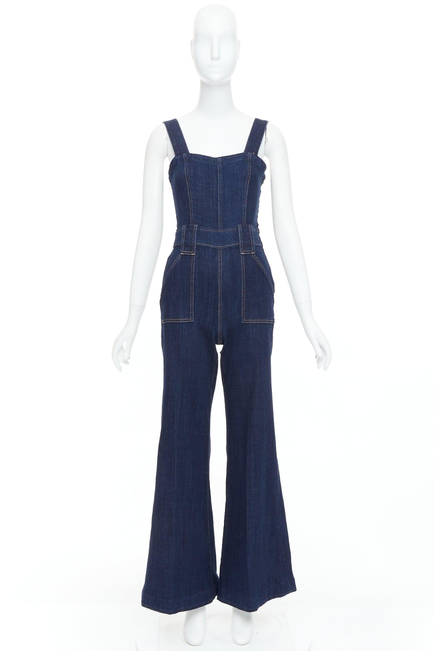 7 FOR ALL MANKIND indigo blue denim wide flare dungaree jumpsuit XS For Sale 4