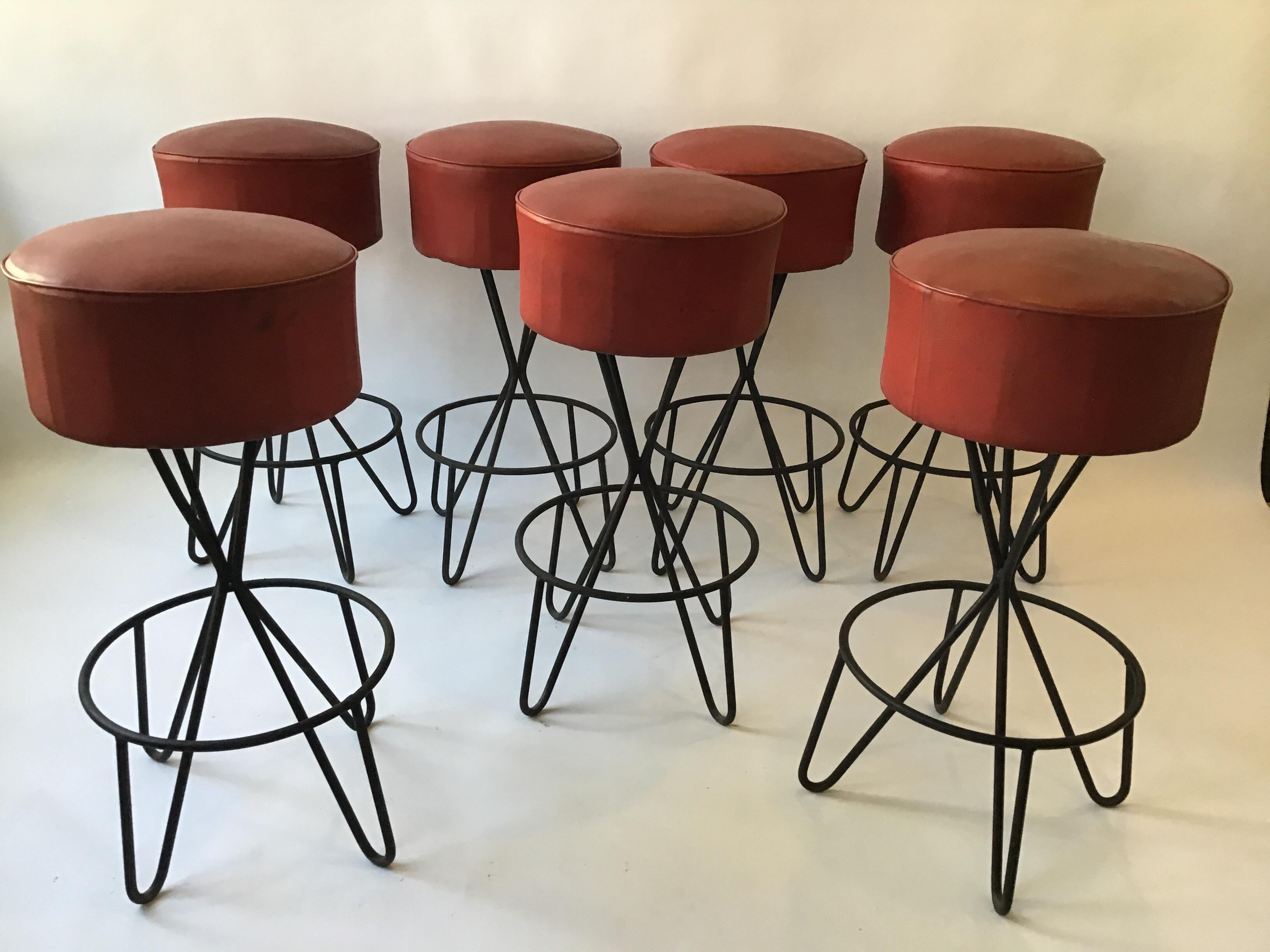 4 Frederick Weinberg 1950s iron bar stools. Chairs do not swivel.
