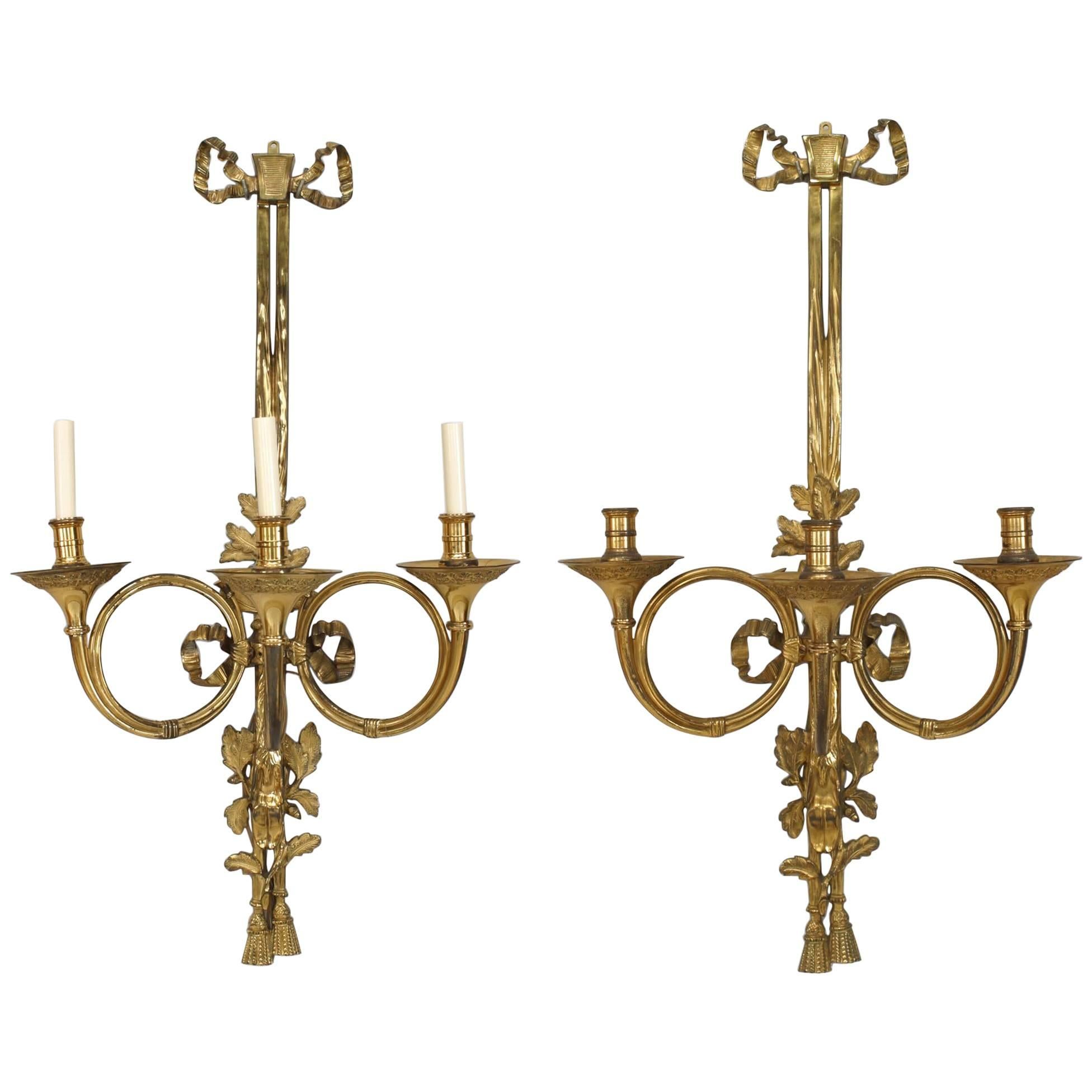 7 Appliques Murales Françaises de Style Louis XVI en Bronze Doré à Nœud Papillon