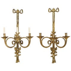 7 Appliques Murales Françaises de Style Louis XVI en Bronze Doré à Nœud Papillon