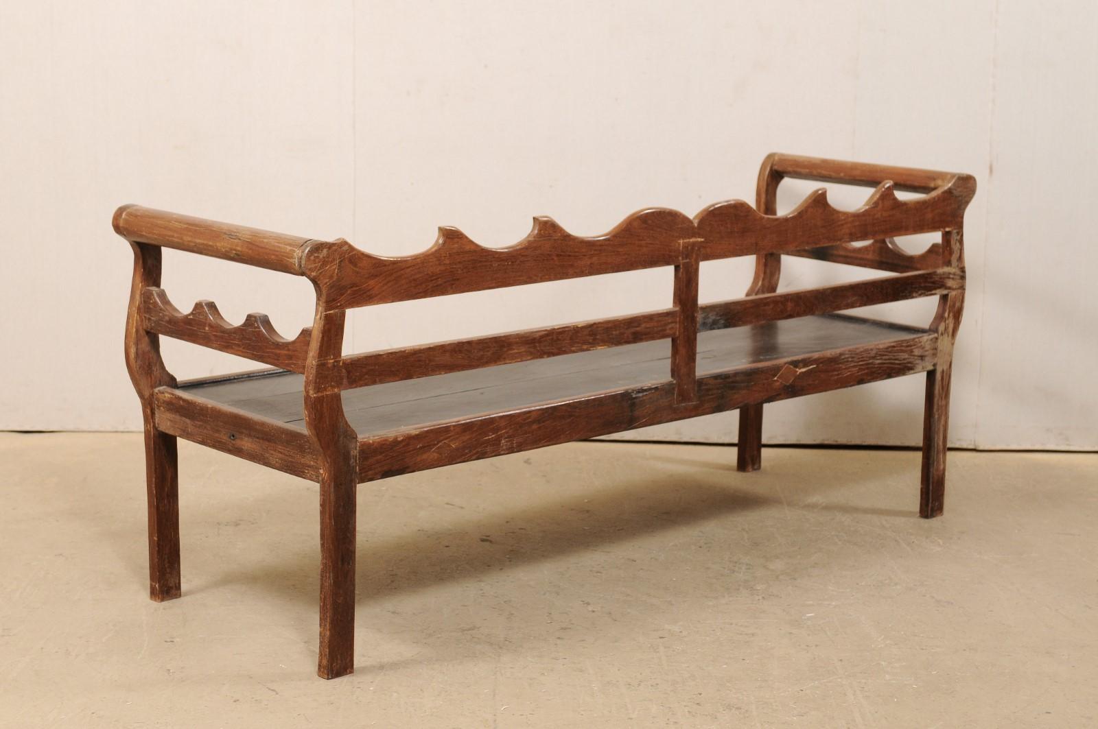 7 Ft Long Mid 20th C. Brazilian Peroba Wood Bench with Nicely Carved Back Rail 3