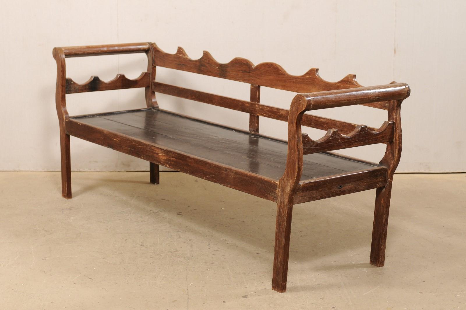 7 Ft Long Mid 20th C. Brazilian Peroba Wood Bench with Nicely Carved Back Rail 4