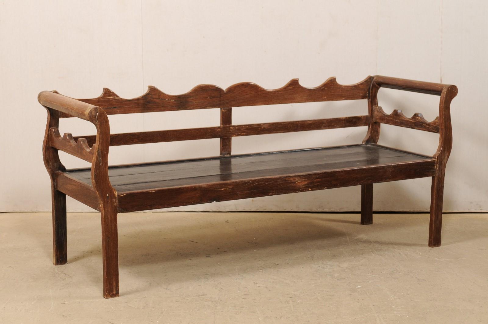 7 Ft Long Mid 20th C. Brazilian Peroba Wood Bench with Nicely Carved Back Rail In Good Condition In Atlanta, GA