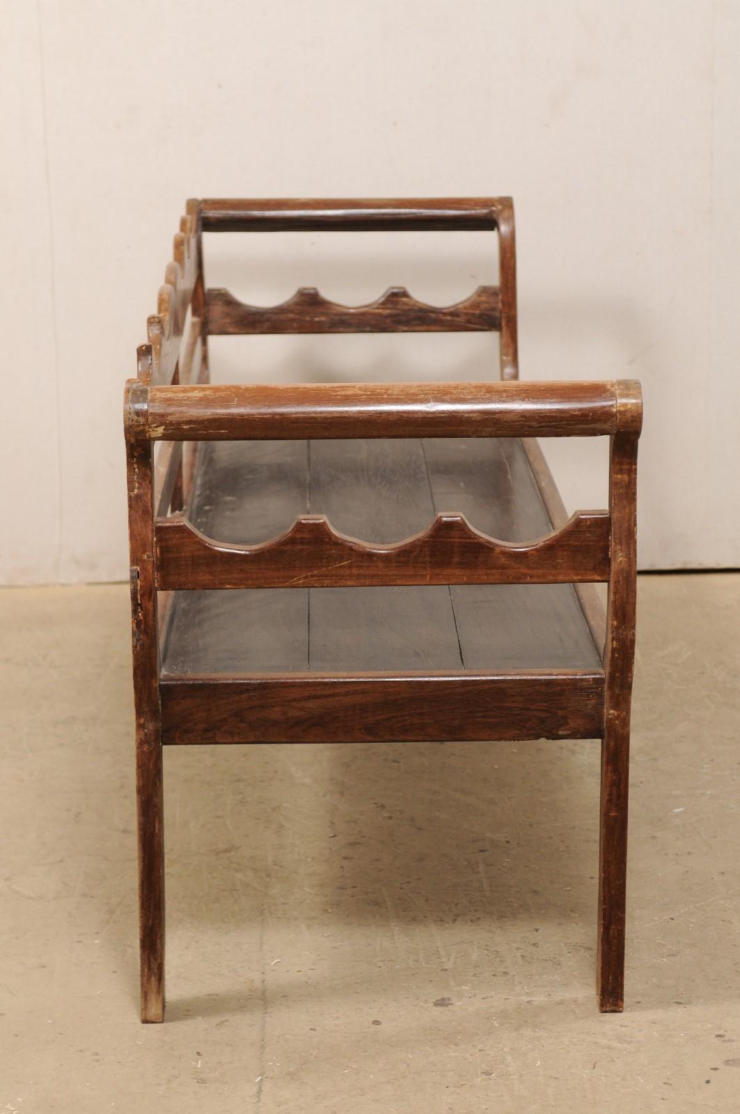 20th Century 7 Ft Long Mid 20th C. Brazilian Peroba Wood Bench with Nicely Carved Back Rail
