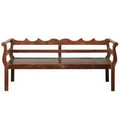 7 Ft Long Mid 20th C. Brazilian Peroba Wood Bench with Nicely Carved Back Rail 