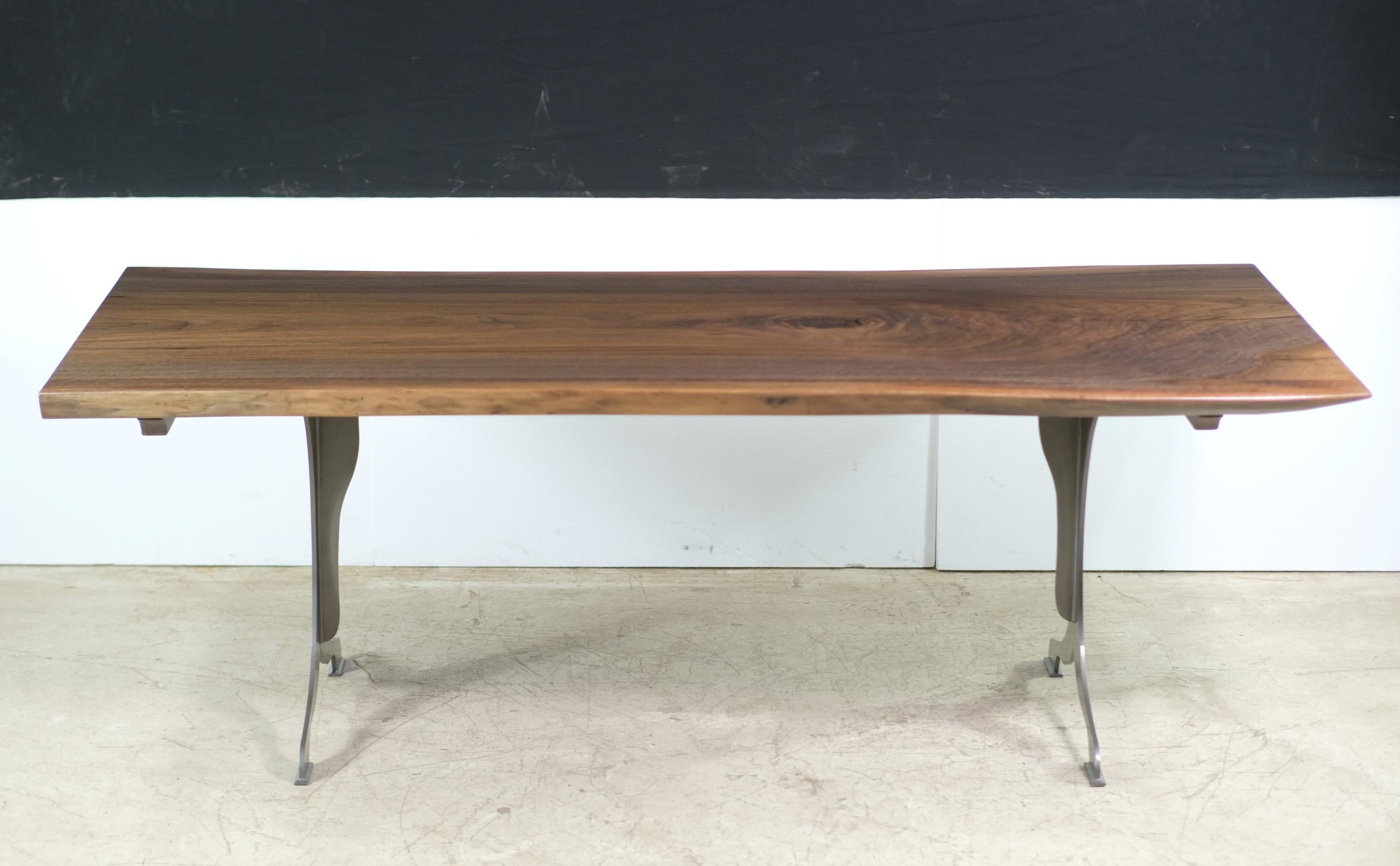 7 ft Slab Solid Walnut Dining Table w Brushed Steel Legs  For Sale 3