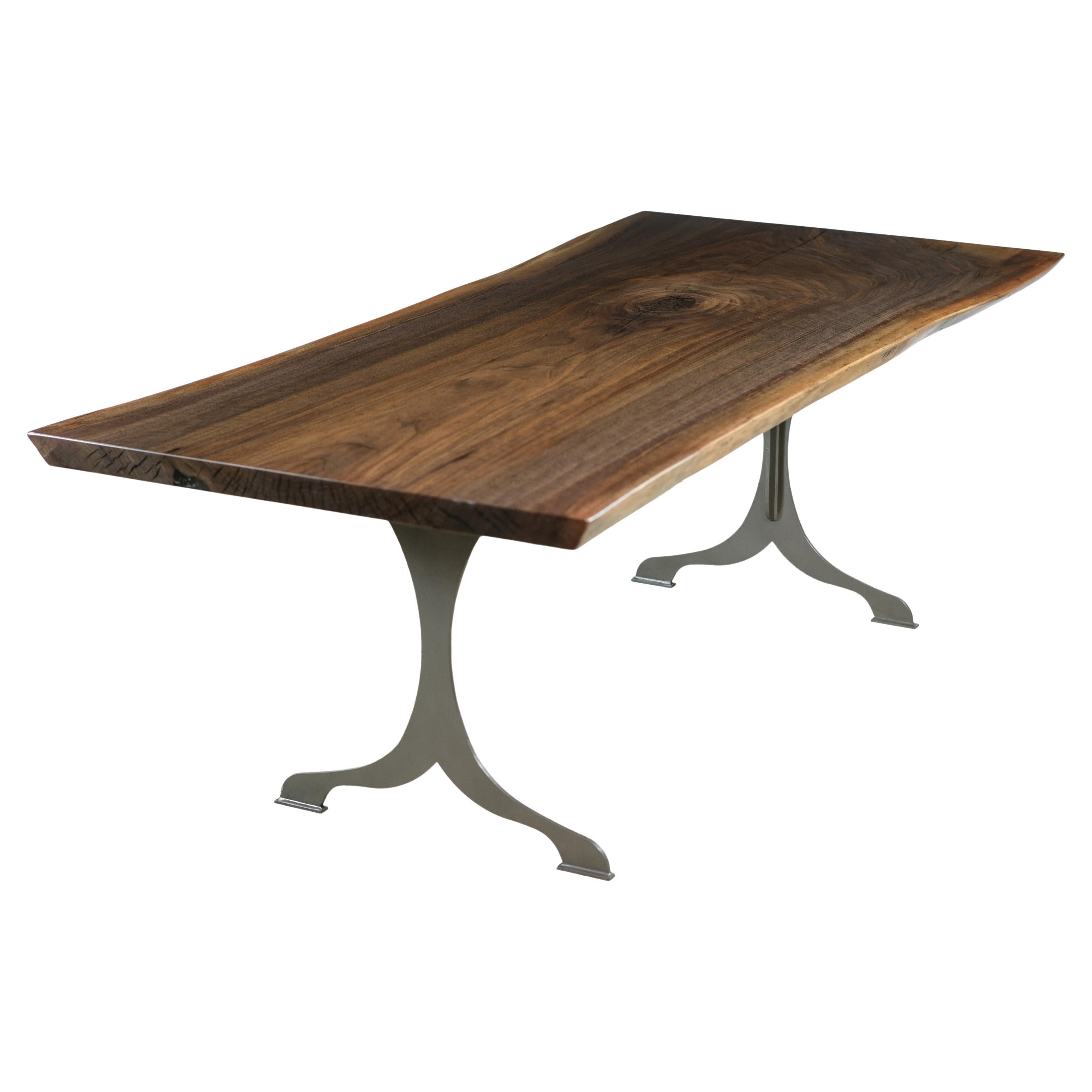 7 ft Slab Solid Walnut Dining Table w Brushed Steel Legs 
