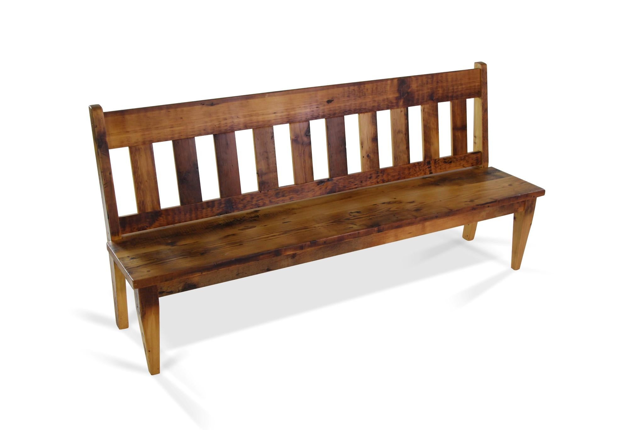 American 7 Ft Slatted Wood Bench with Reclaimed Pine Beams and Natural Stain